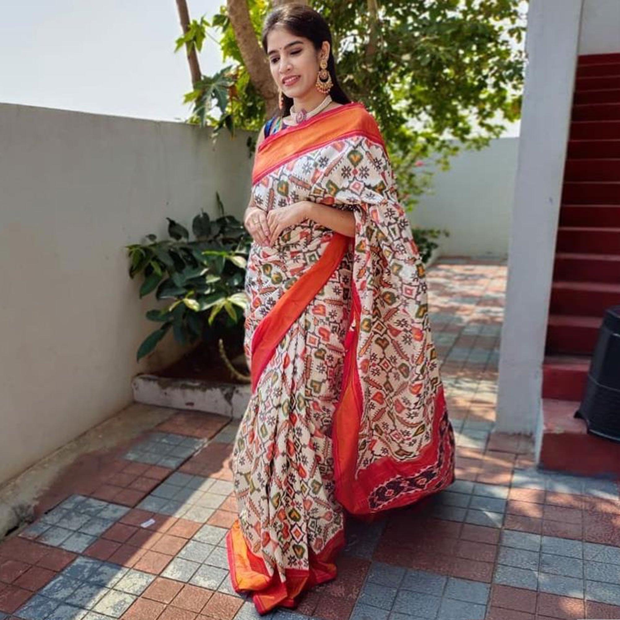 Off White Casual Wear Designer Hand Block Printed Cotton Linen Saree - Peachmode