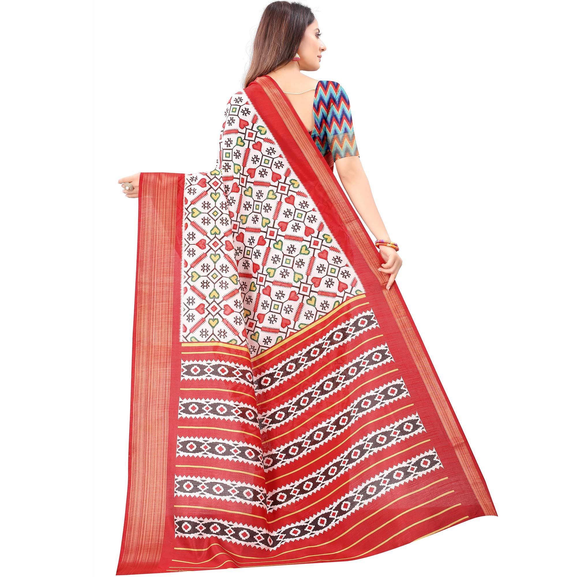 Off White Casual Wear Designer Hand Block Printed Cotton Linen Saree - Peachmode