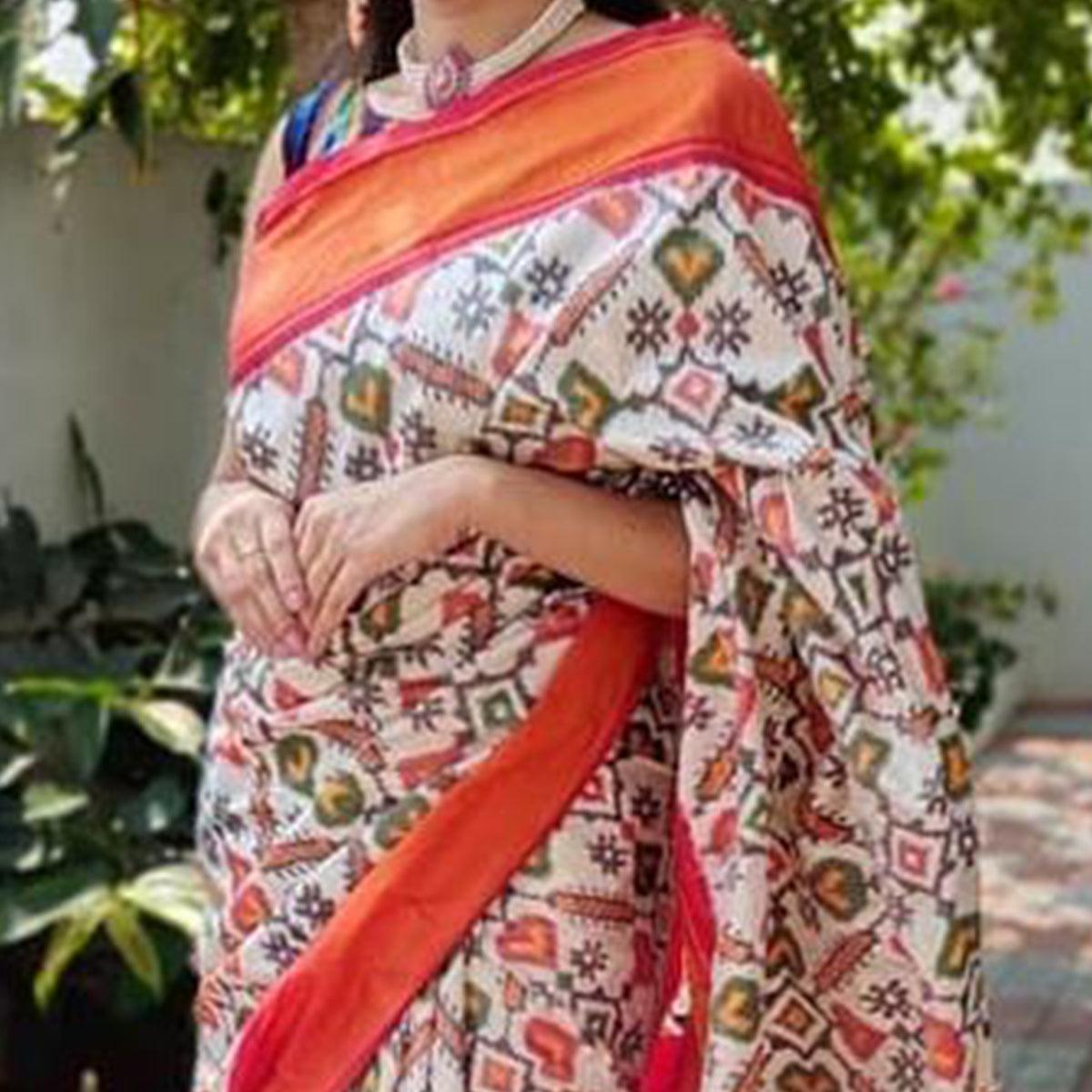 Off White Casual Wear Designer Hand Block Printed Cotton Linen Saree - Peachmode
