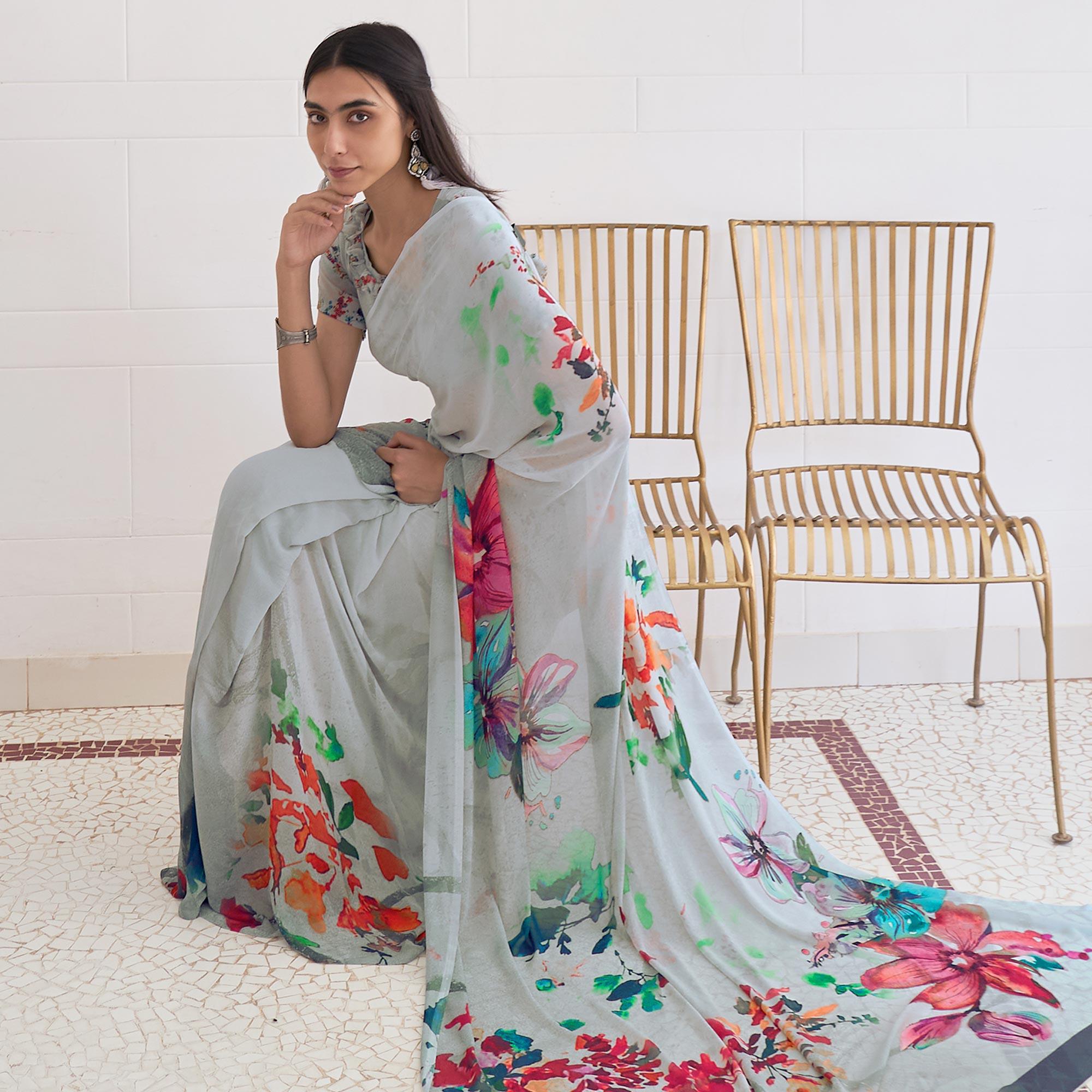 Off White Casual Wear Digital Printed Satin Georgette Saree - Peachmode