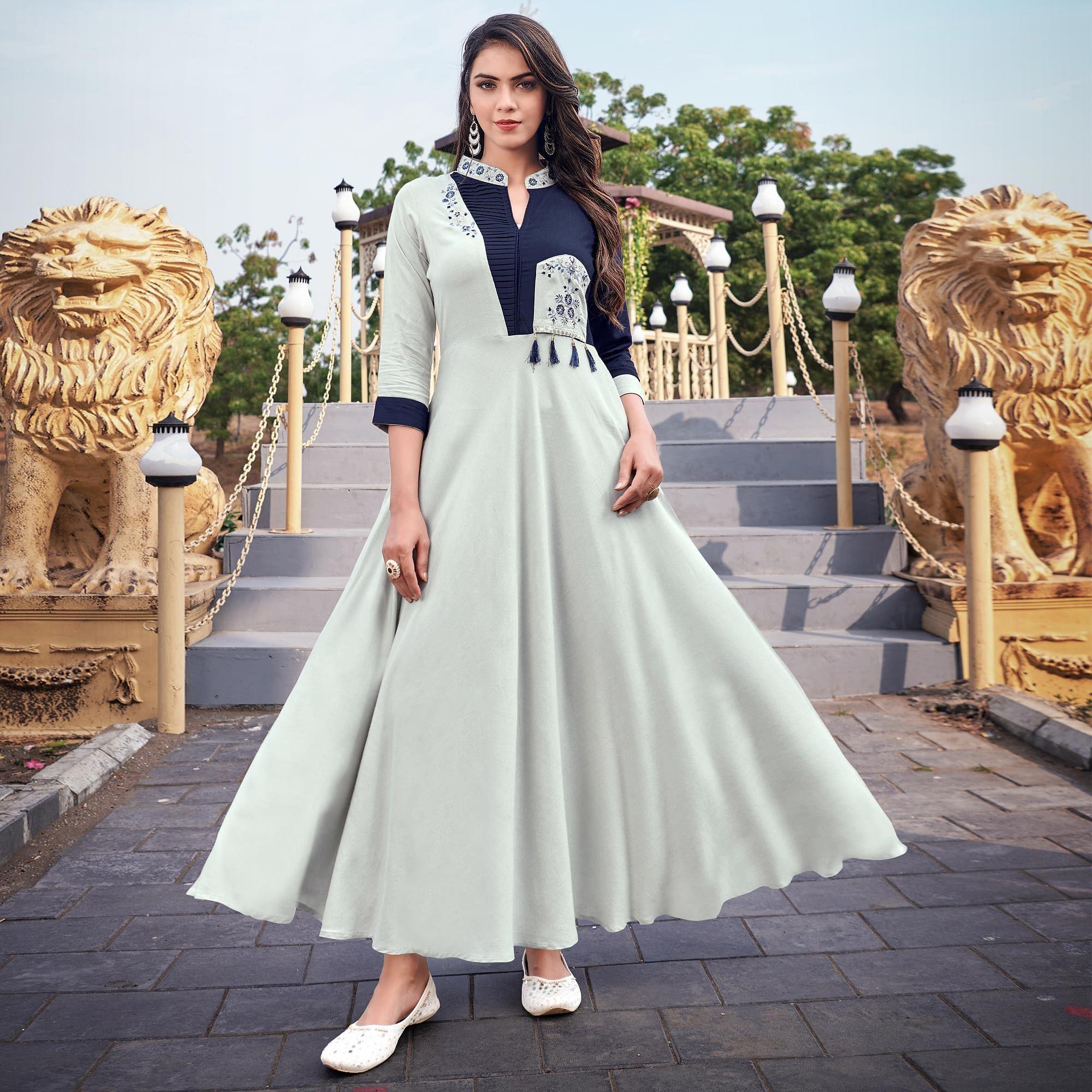 Off-White Casual Wear Embroidered Rayon Gown - Peachmode