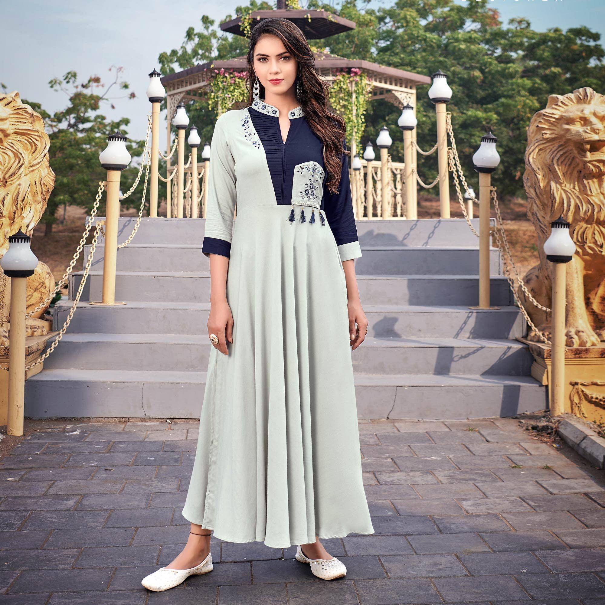 Off-White Casual Wear Embroidered Rayon Gown - Peachmode