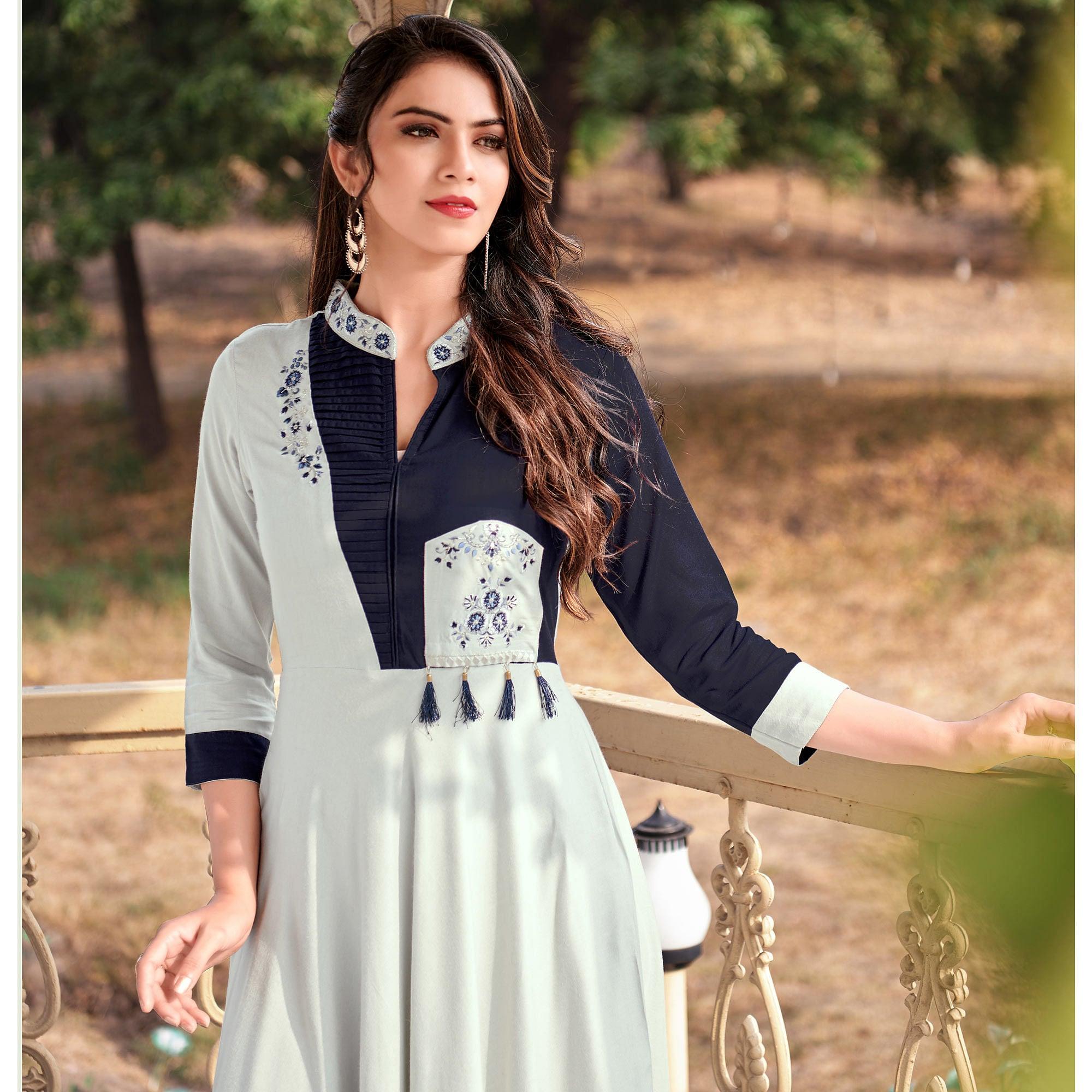 Off-White Casual Wear Embroidered Rayon Gown - Peachmode