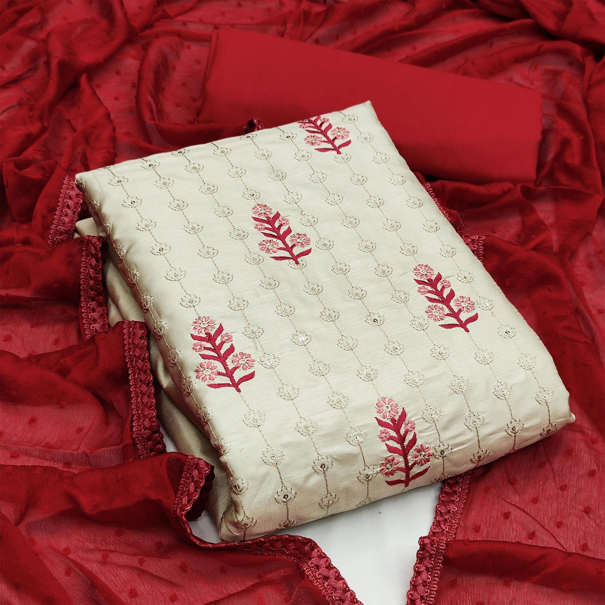 Off-White Casual Wear Floral Embroidered Pure Silk Dress Material - Peachmode