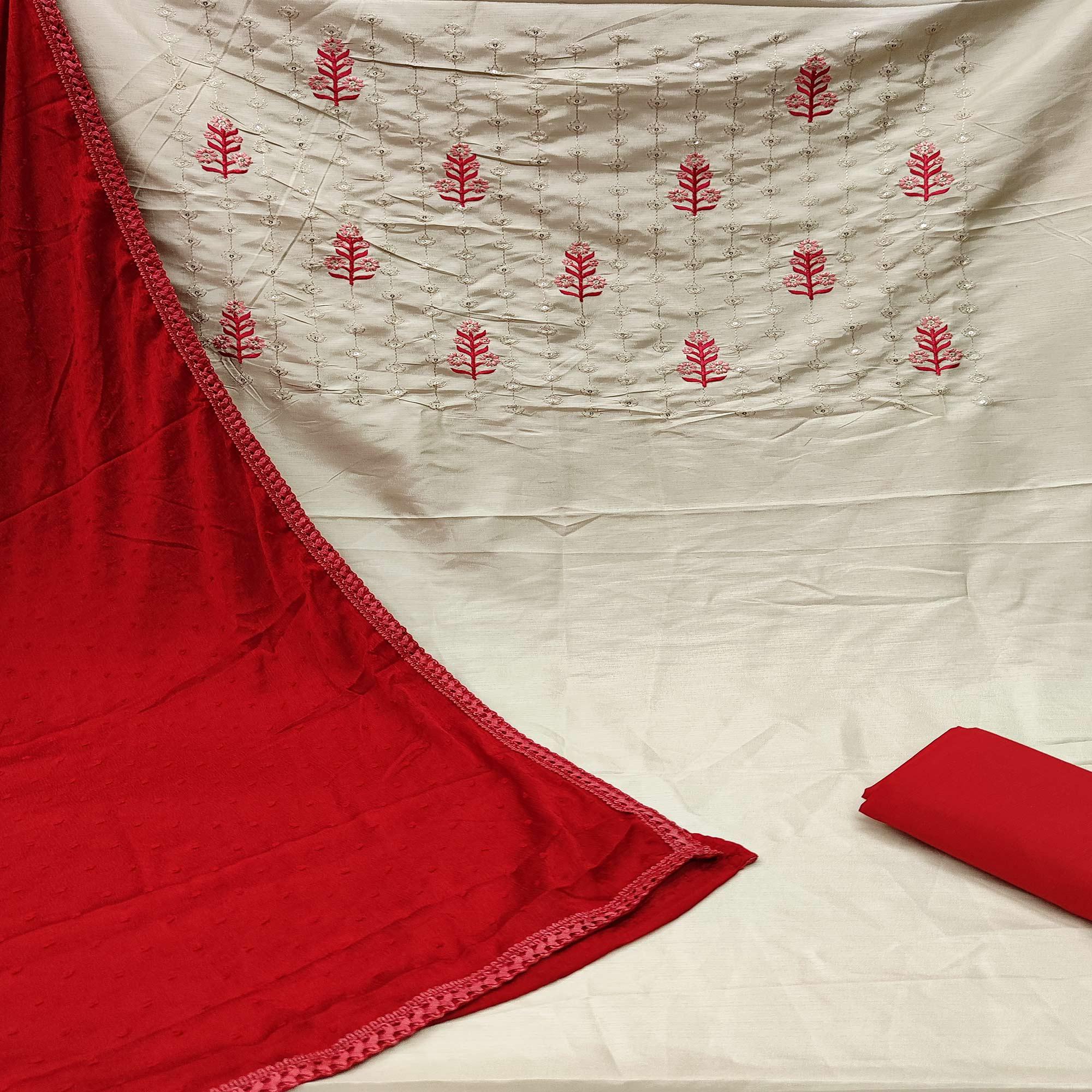 Off-White Casual Wear Floral Embroidered Pure Silk Dress Material - Peachmode