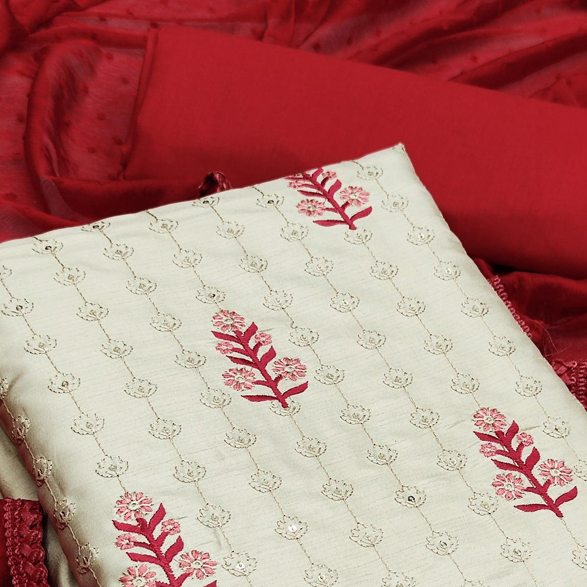 Off-White Casual Wear Floral Embroidered Pure Silk Dress Material - Peachmode