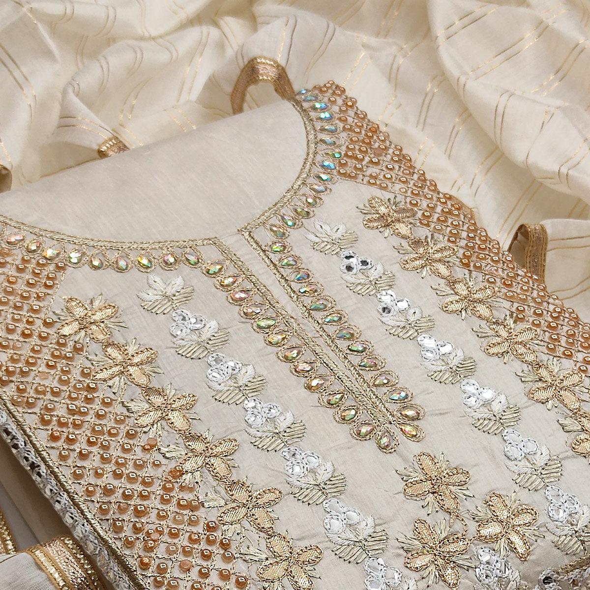 Off-White Casual Wear Floral Embroidery With Hand Work Modal Chanderi Dress Material - Peachmode