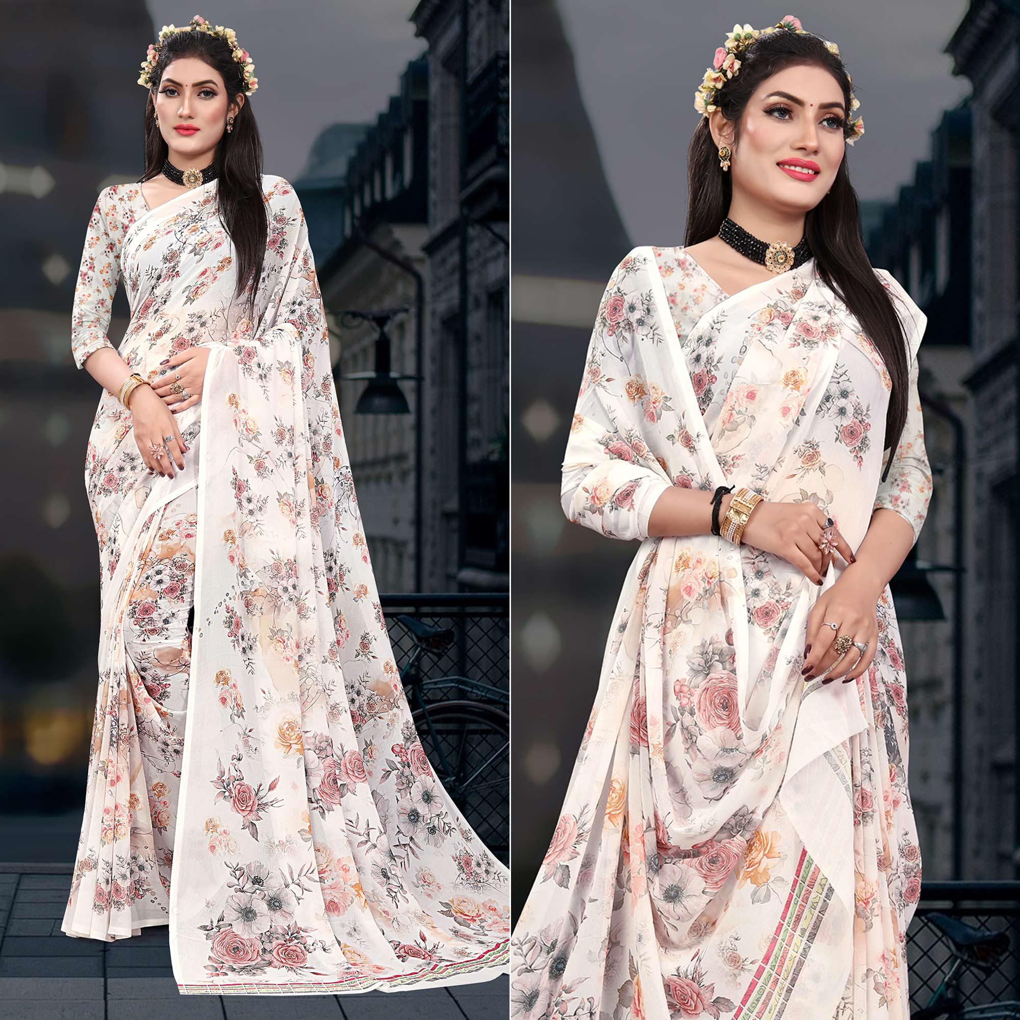 Off-White Casual Wear Floral Printed Georgette Saree - Peachmode