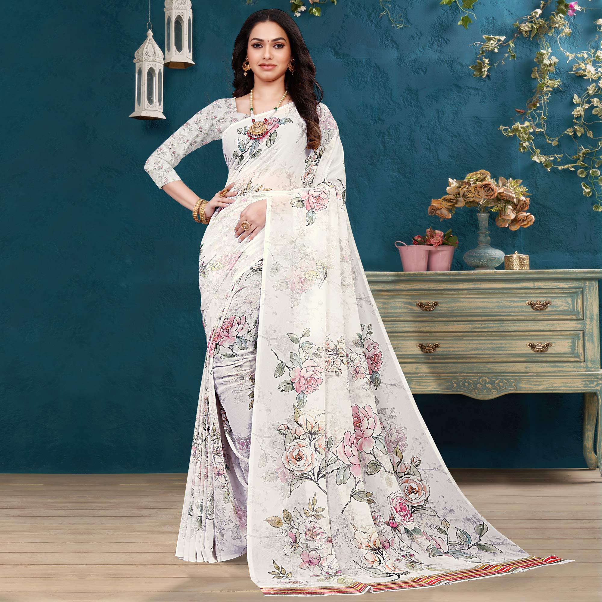 Off White Casual Wear Floral Printed Georgette Saree - Peachmode
