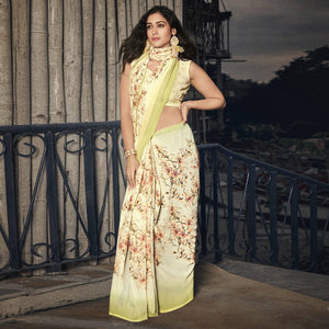 Off White Casual Wear Floral Printed Georgette Saree - Peachmode
