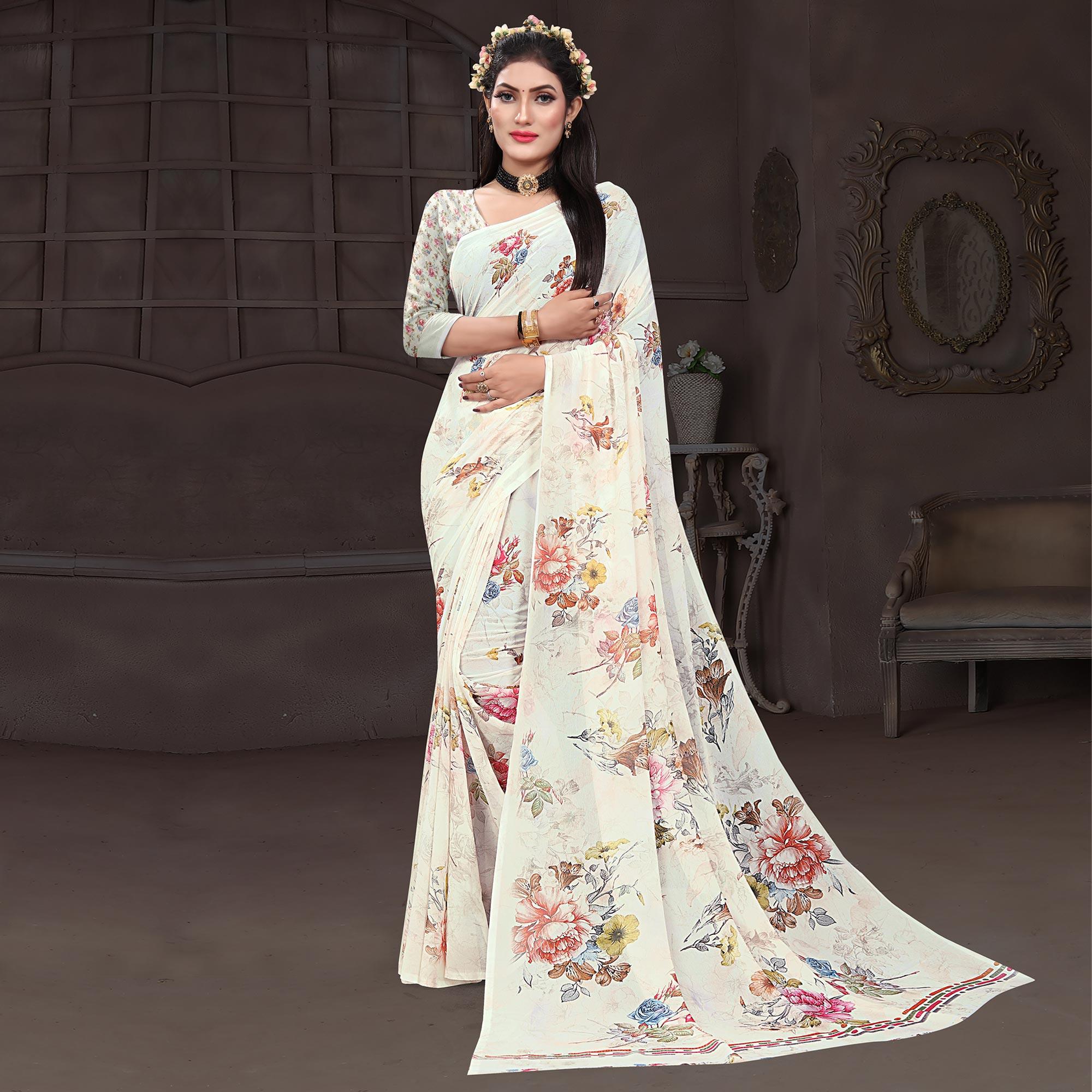 Off-White Casual Wear Floral Printed Georgette Saree - Peachmode