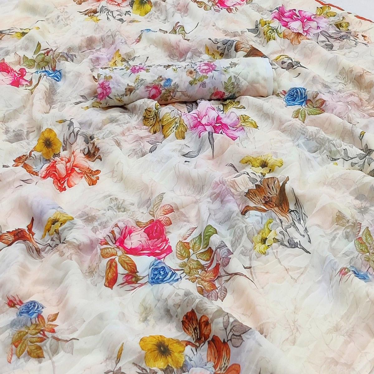 Off-White Casual Wear Floral Printed Georgette Saree - Peachmode