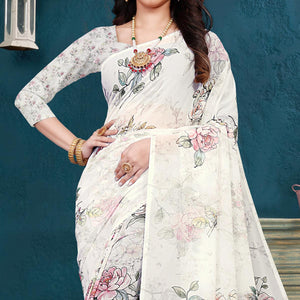 Off White Casual Wear Floral Printed Georgette Saree - Peachmode