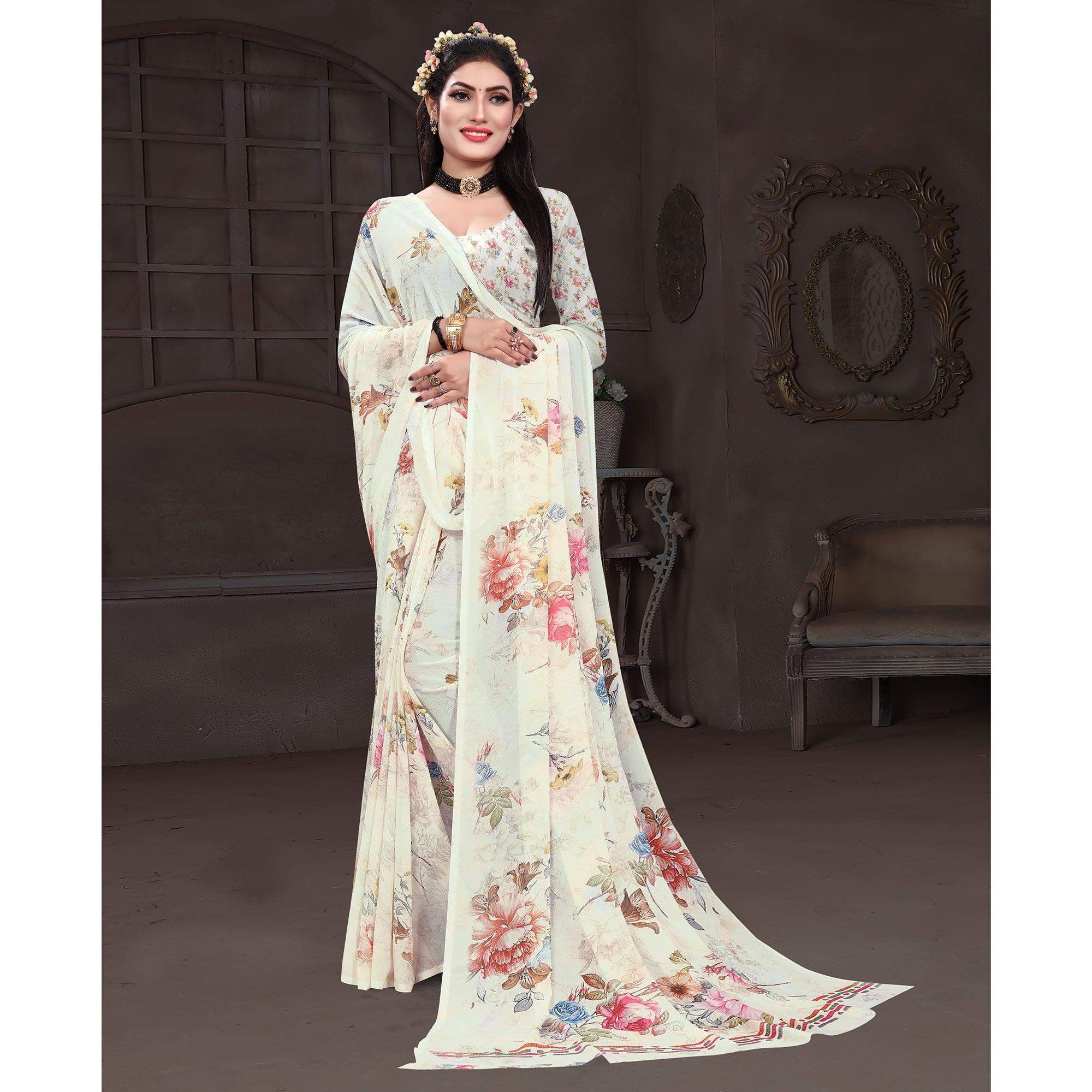 Off-White Casual Wear Floral Printed Georgette Saree - Peachmode