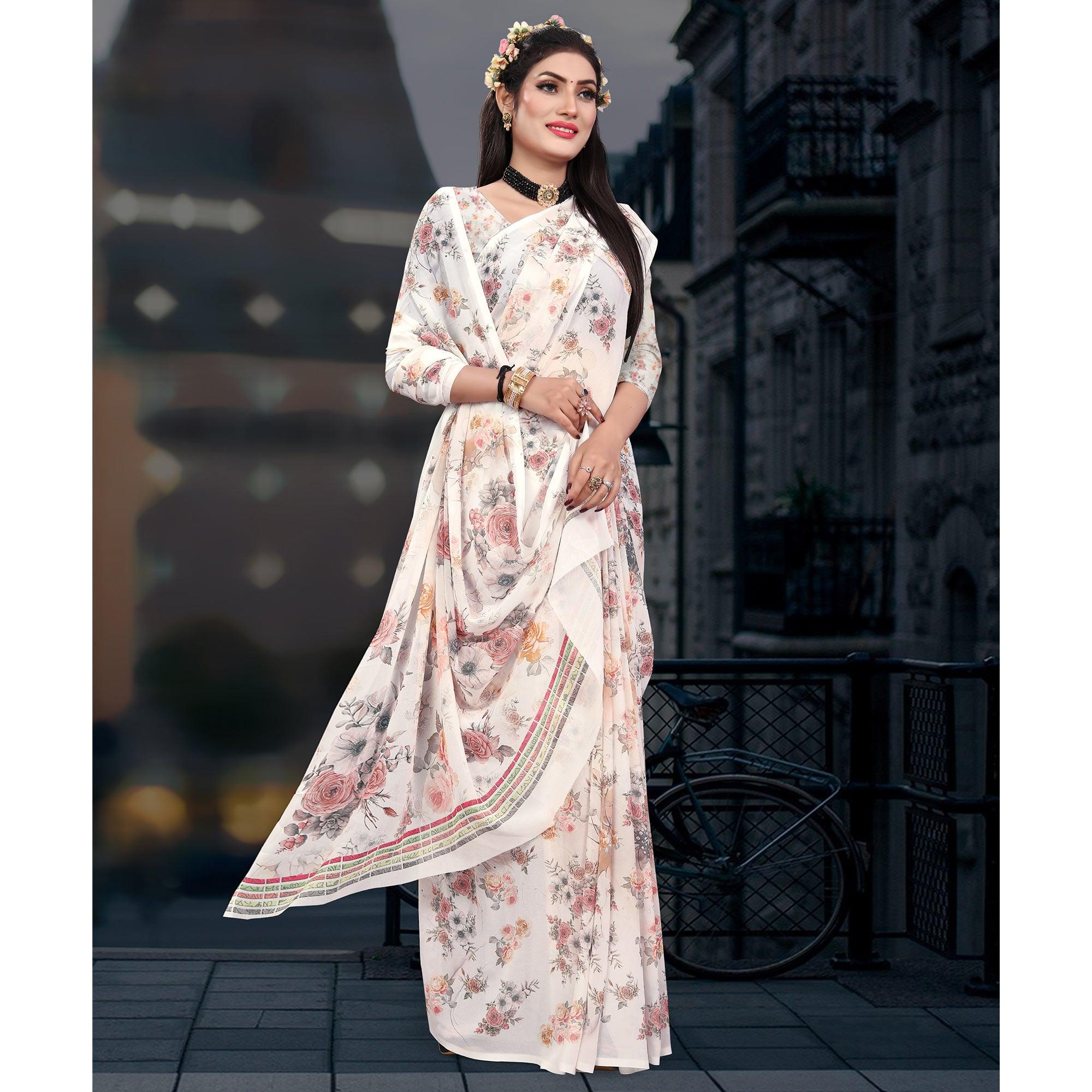 Off-White Casual Wear Floral Printed Georgette Saree - Peachmode