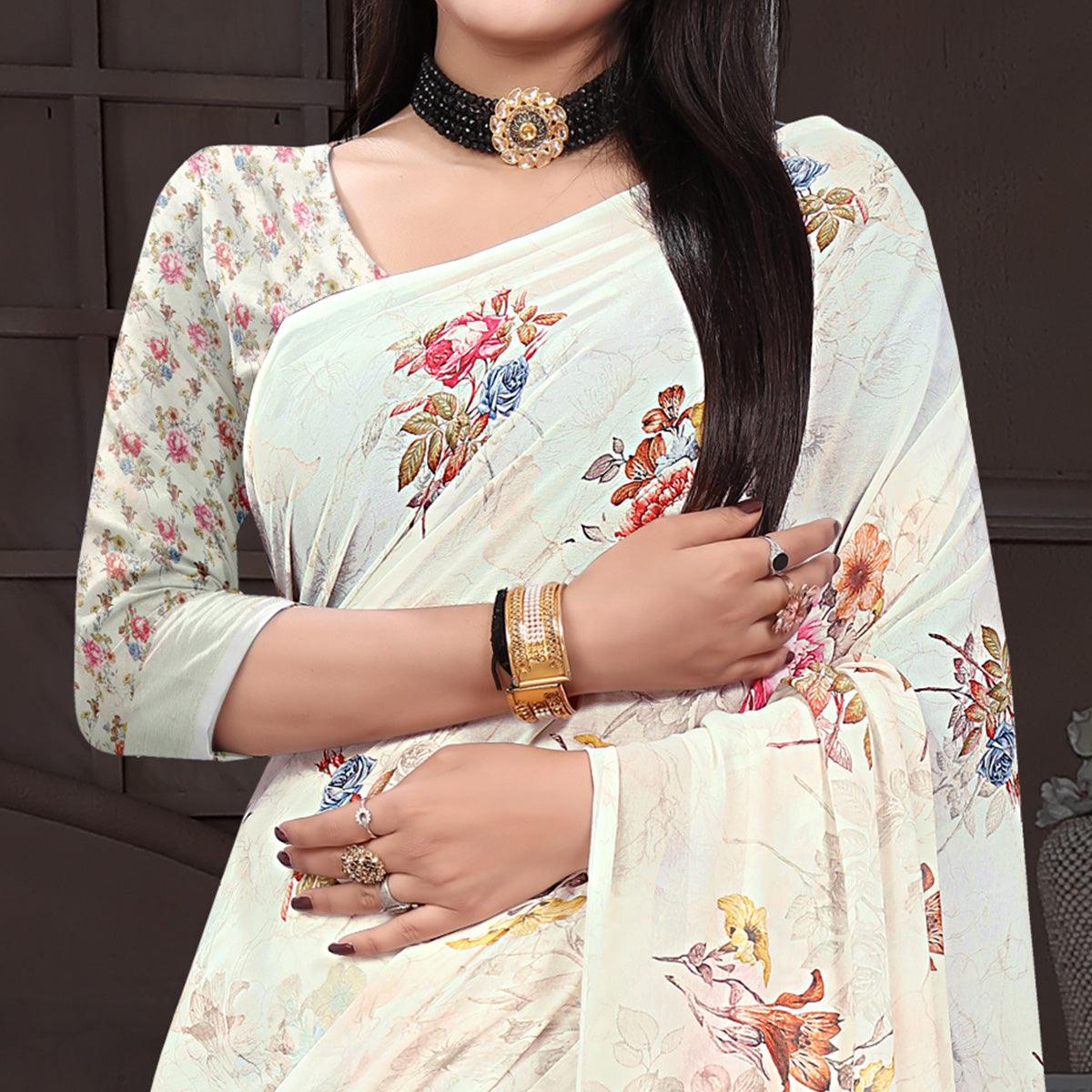 Off-White Casual Wear Floral Printed Georgette Saree - Peachmode