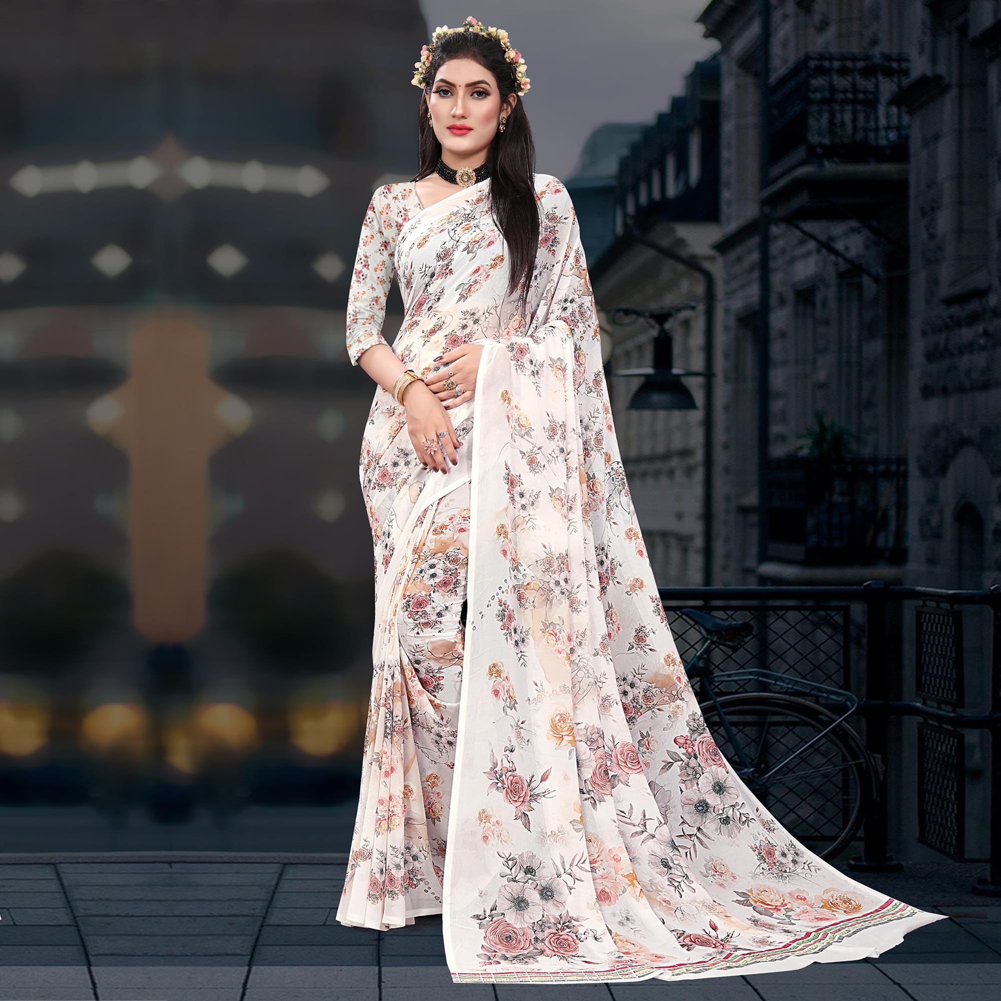 Off-White Casual Wear Floral Printed Georgette Saree - Peachmode