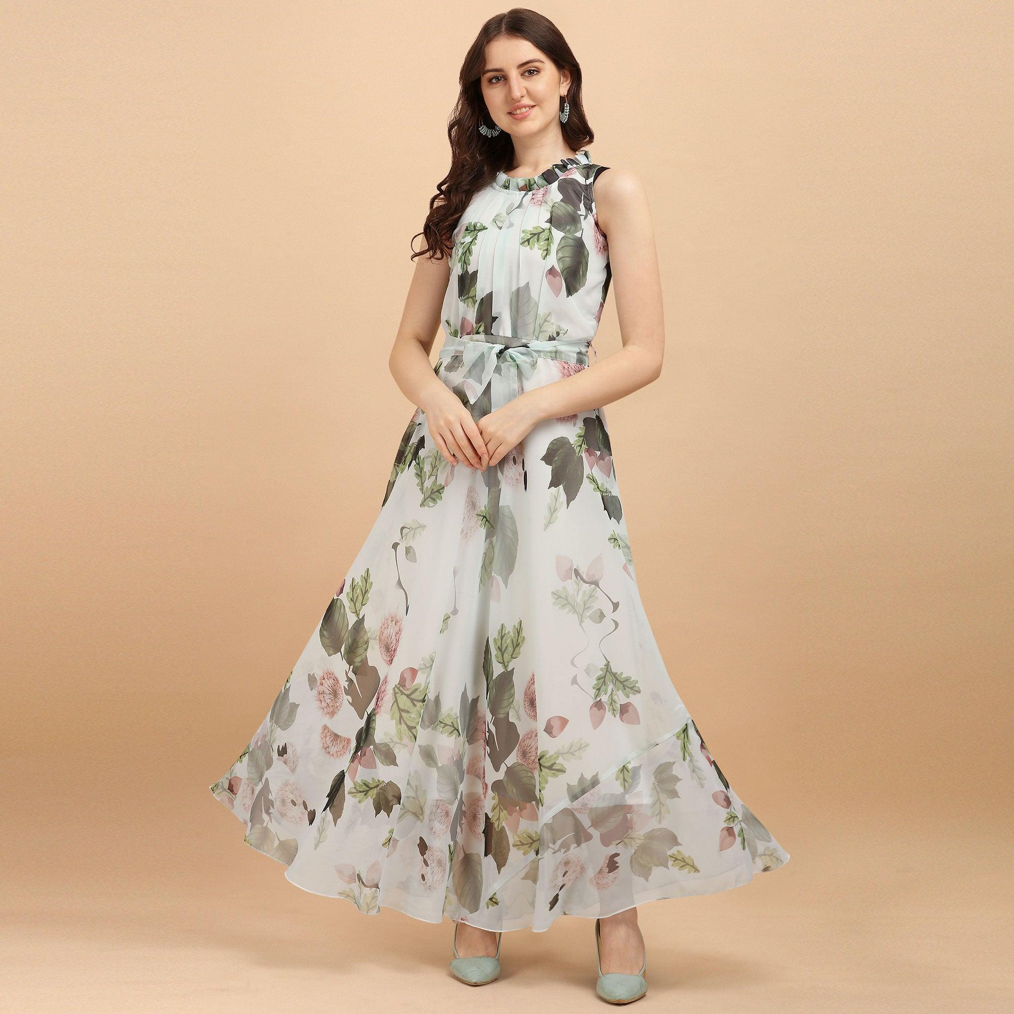 Off White Casual Wear Floral Printed Organza Dress - Peachmode