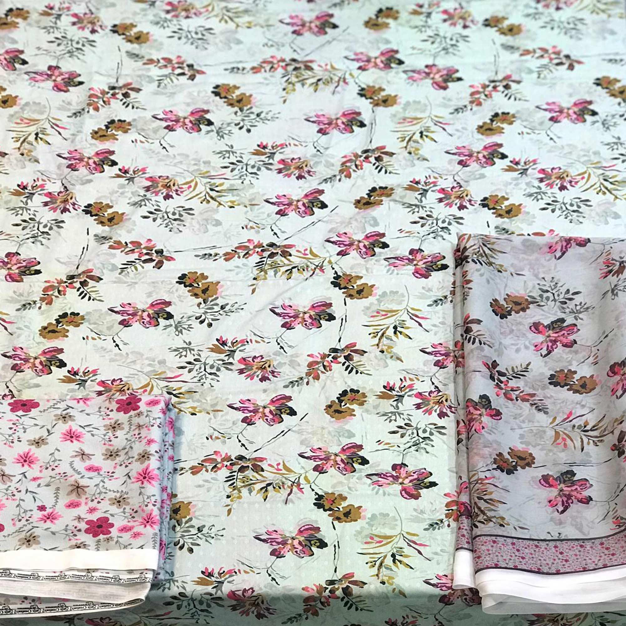 Off-White Casual Wear Floral Printed Pashmina Dress Material - Peachmode