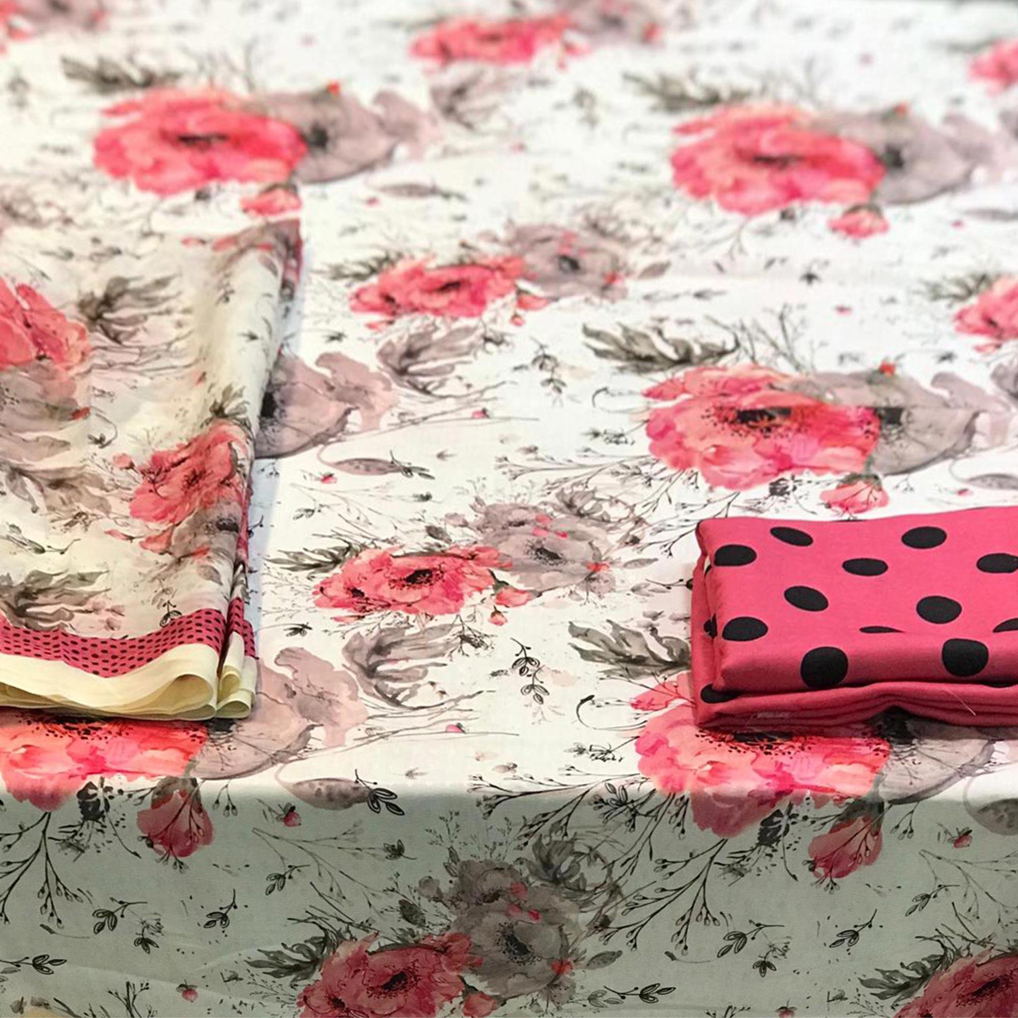 Off-White Casual Wear Floral Printed Pashmina Dress Material - Peachmode