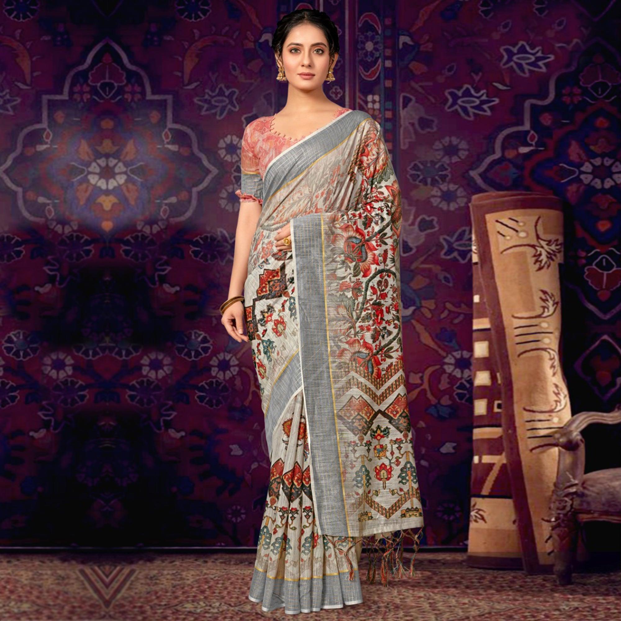 Off White Casual Wear Floral Soft Cotton Saree - Peachmode