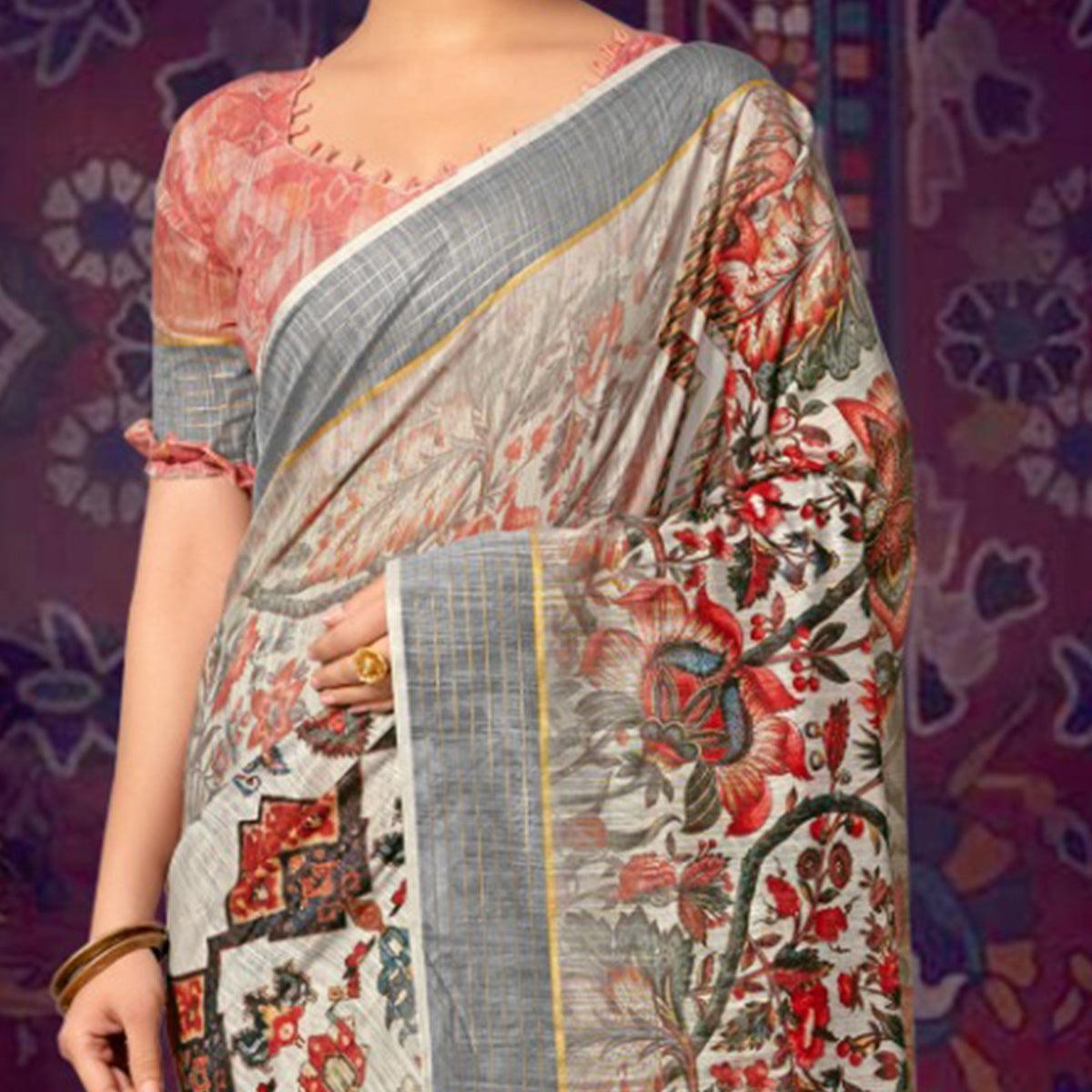 Off White Casual Wear Floral Soft Cotton Saree - Peachmode