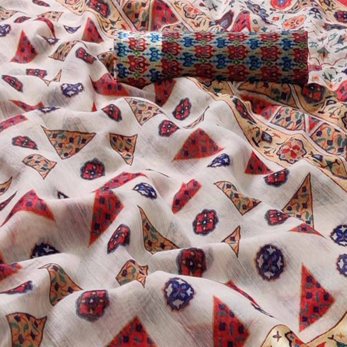Off-White Casual Wear Geometric Digital Printed Linen Saree - Peachmode