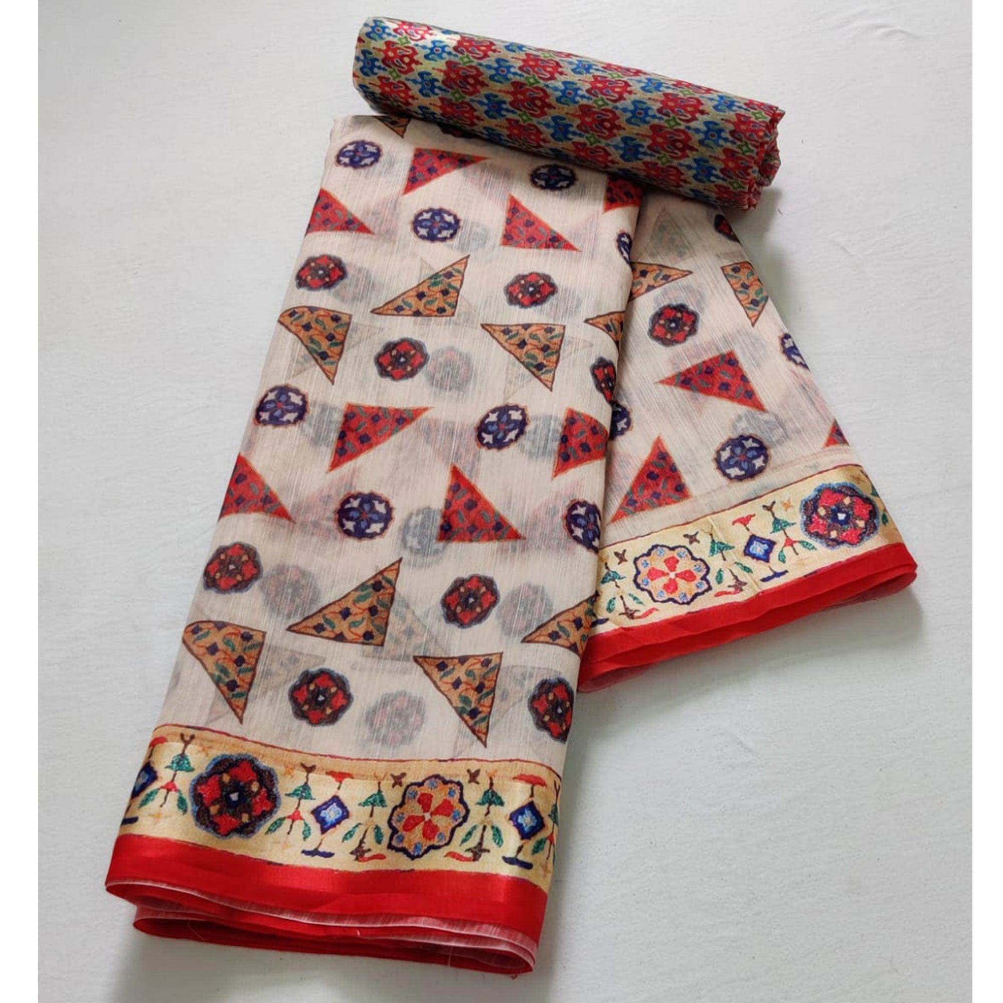 Off-White Casual Wear Geometric Digital Printed Linen Saree - Peachmode