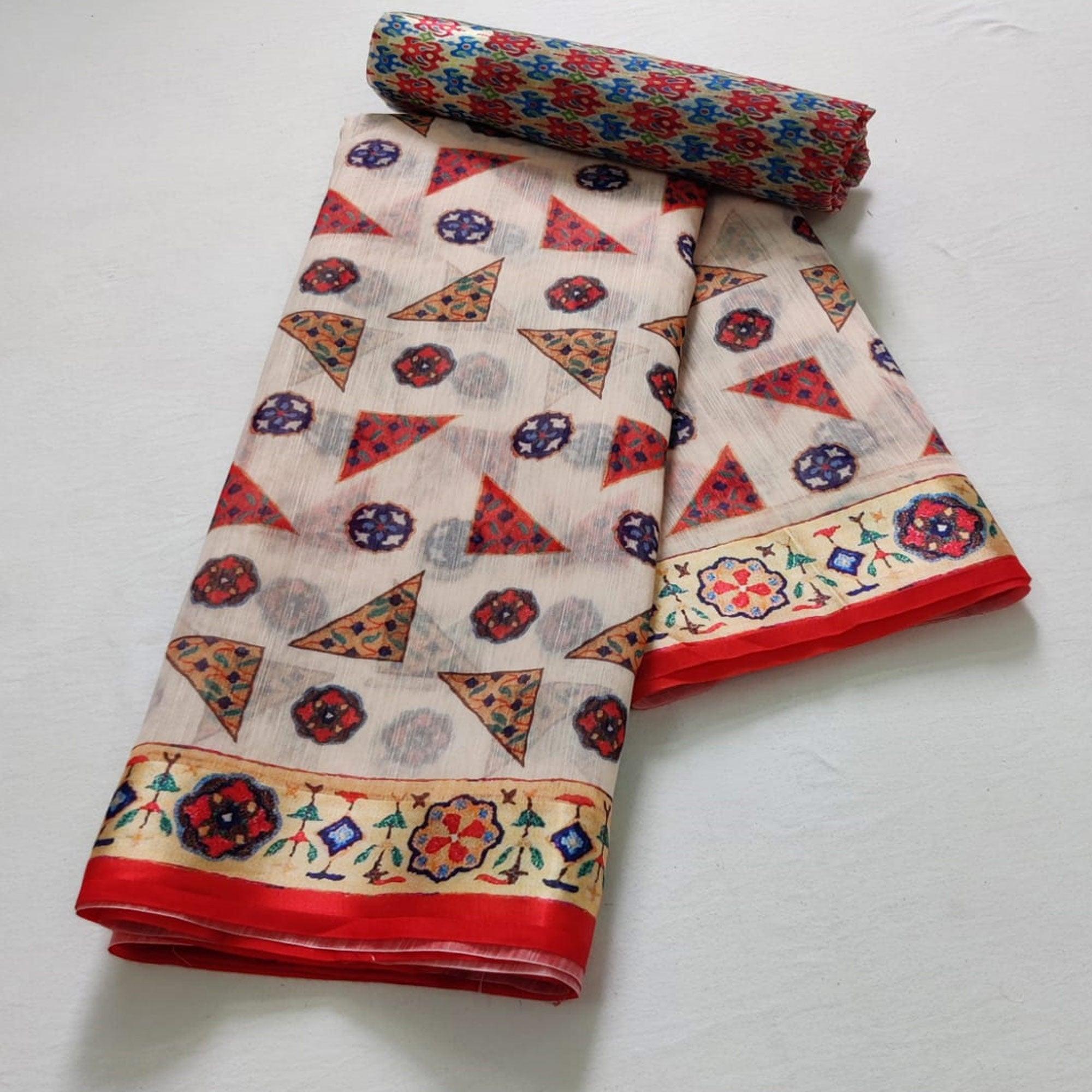 Off-White Casual Wear Geometric Digital Printed Linen Saree - Peachmode