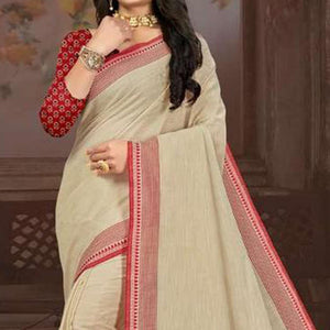Off White Casual Wear Jari Border And Pallu Linen Saree - Peachmode
