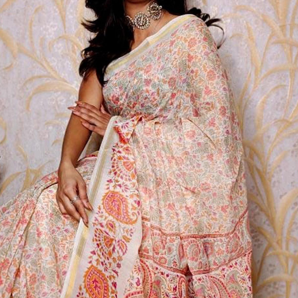 Off-White Casual Wear Printed Cotton Silk Saree - Peachmode
