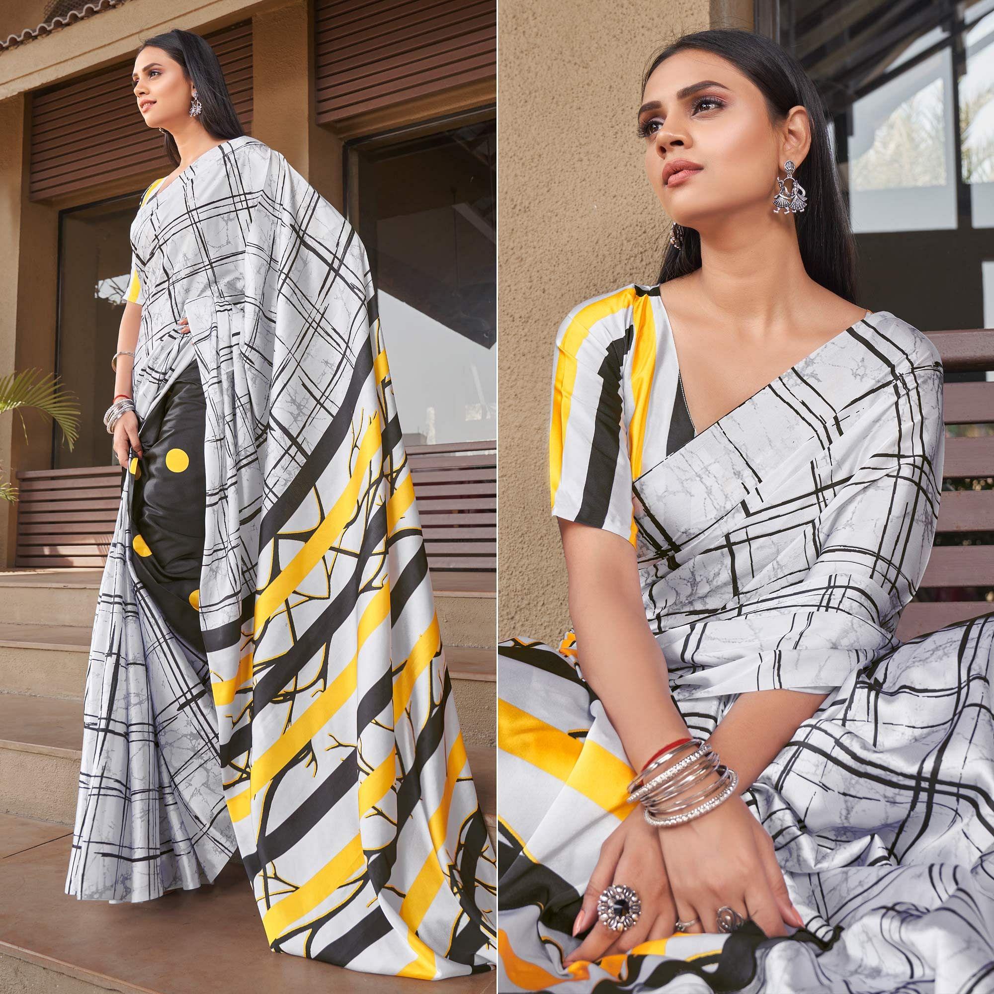 Off-White Casual Wear Printed Satin Silk Saree - Peachmode