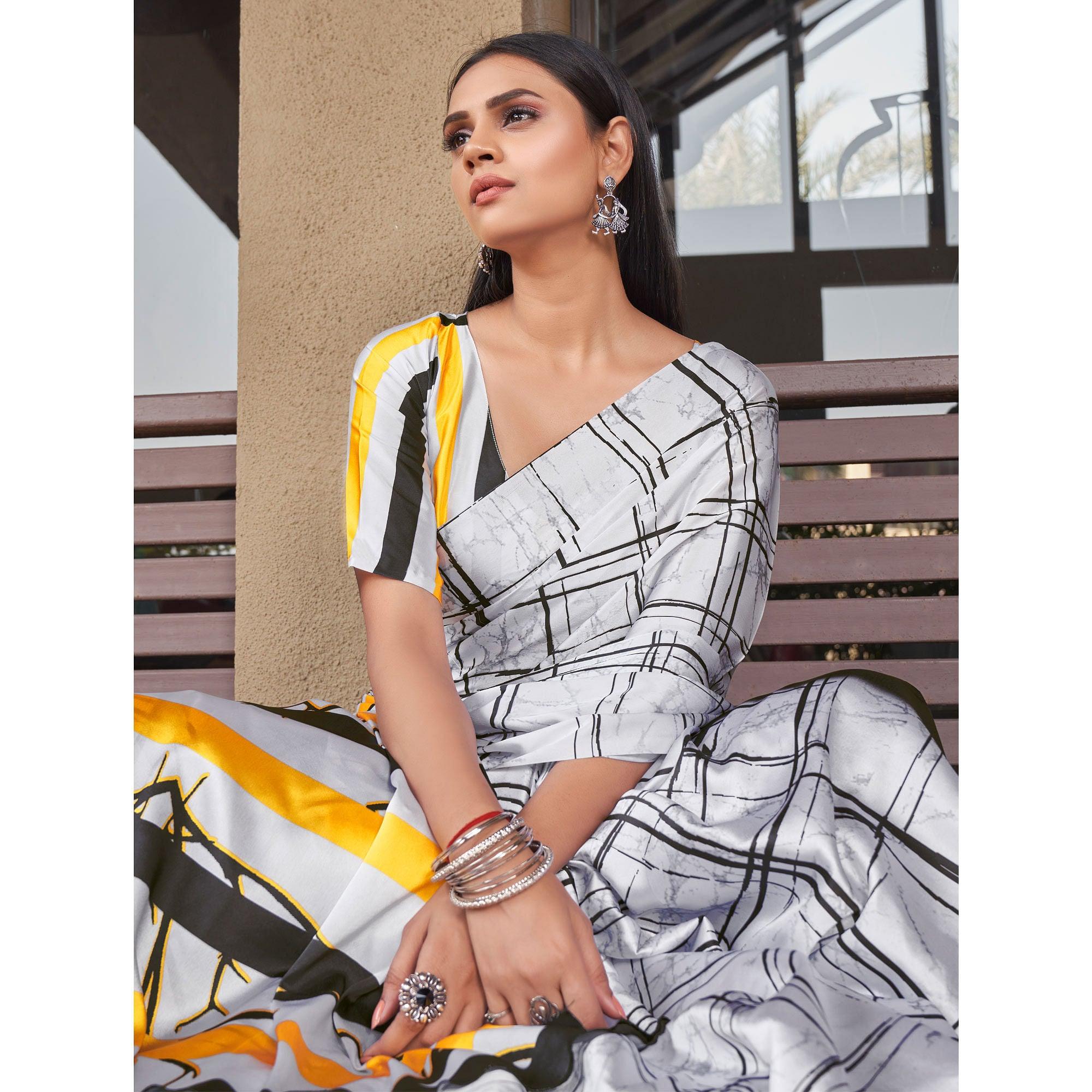 Off-White Casual Wear Printed Satin Silk Saree - Peachmode