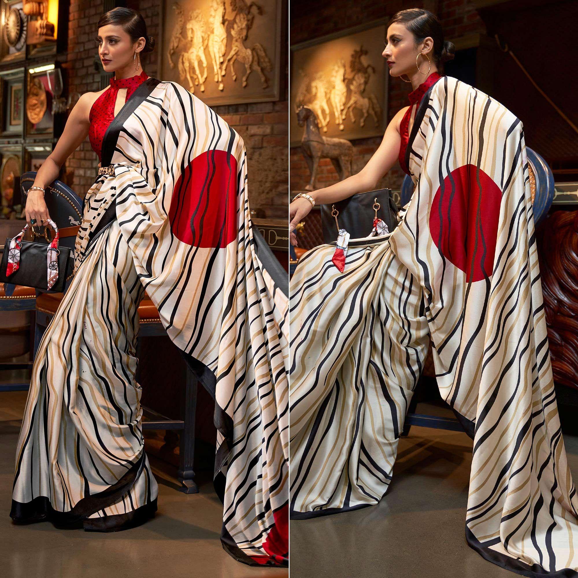 Off-White Casual Wear Stripe Printed Satin Silk Saree - Peachmode