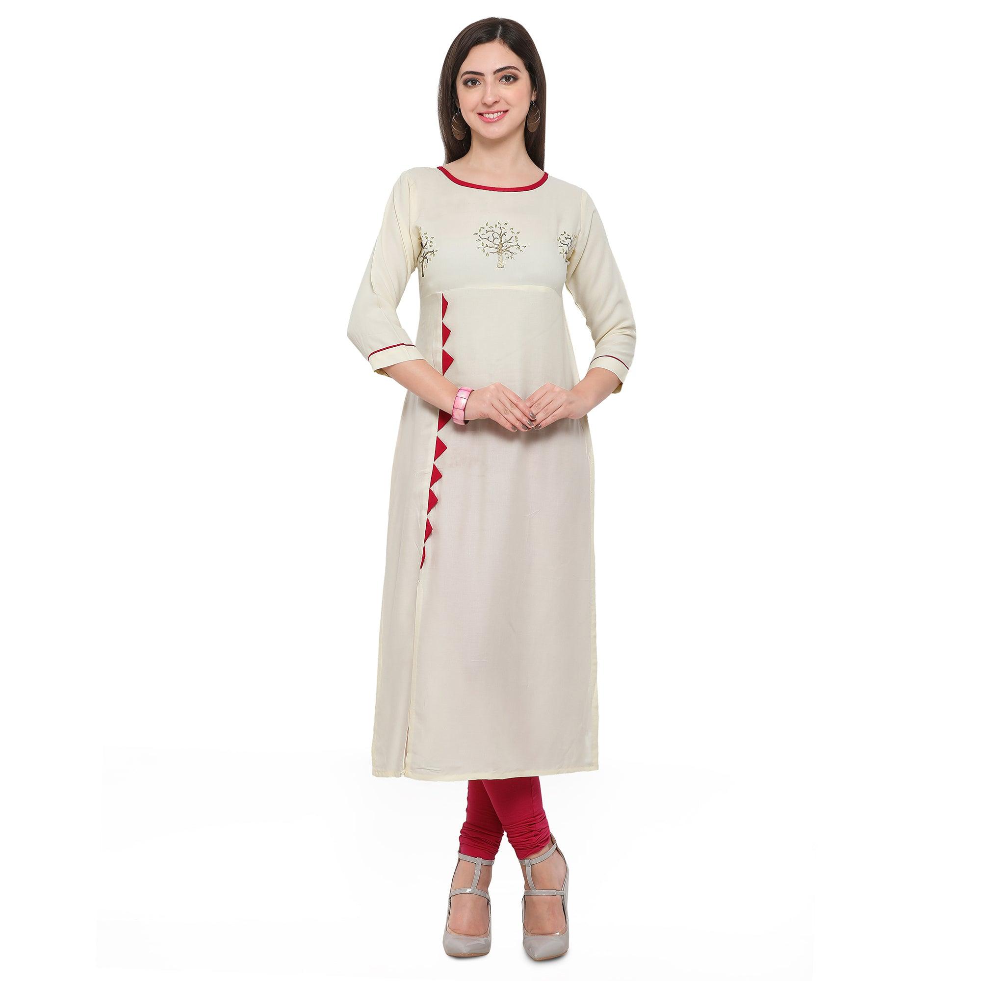 Off White Colored Casual Rayon Kurti - Peachmode