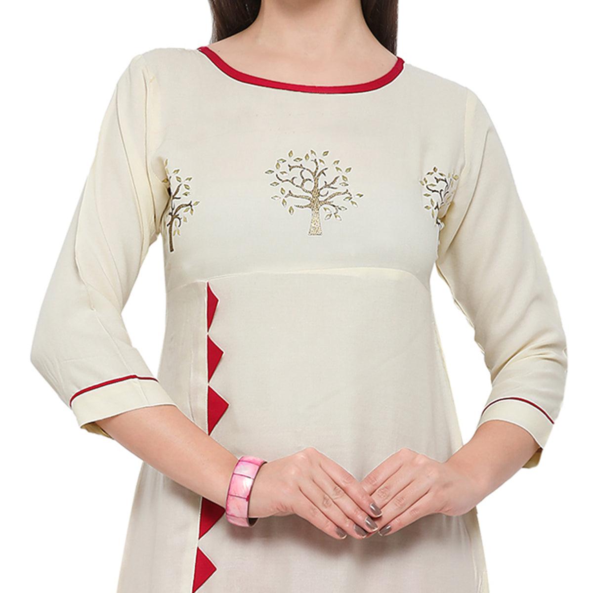 Off White Colored Casual Rayon Kurti - Peachmode
