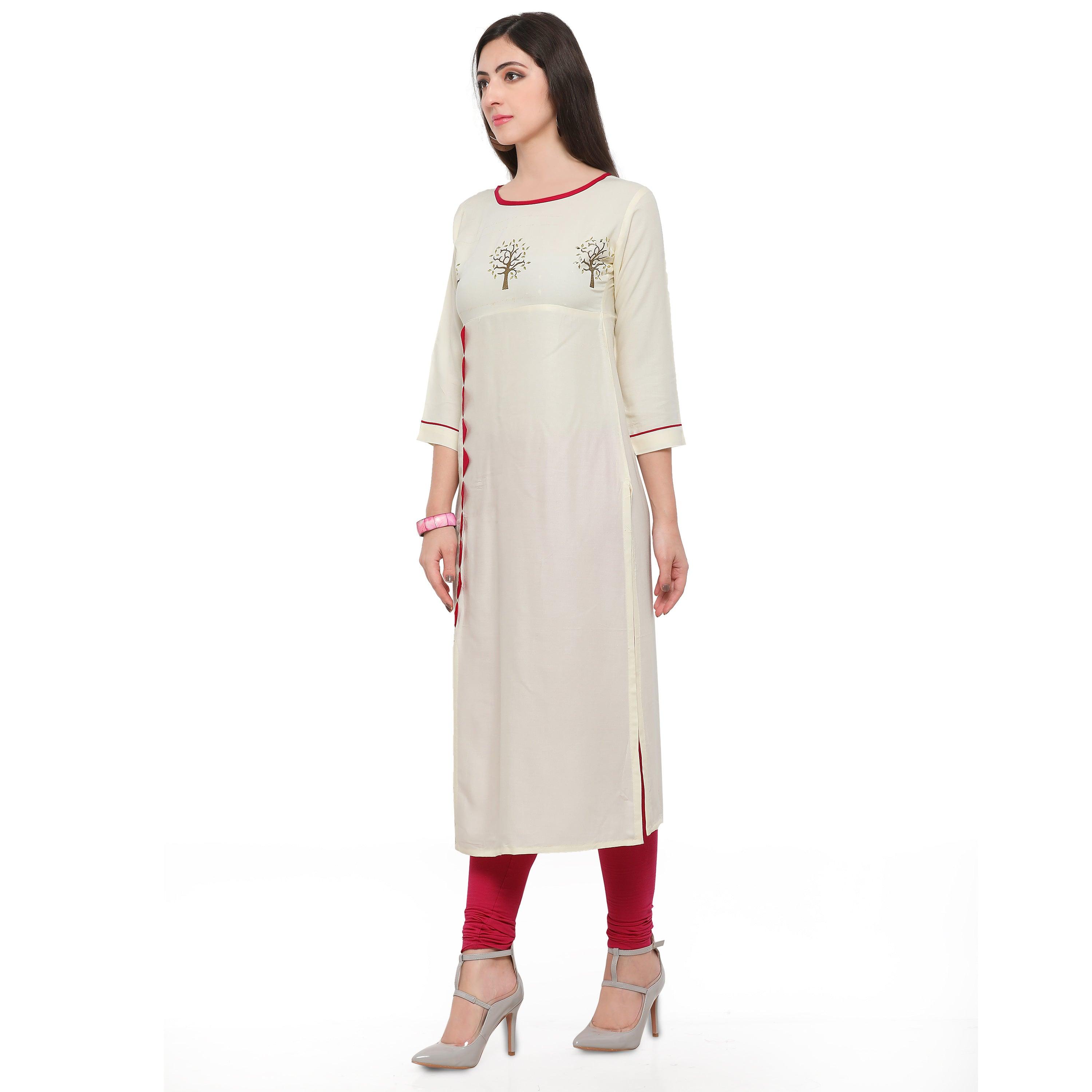 Off White Colored Casual Rayon Kurti - Peachmode
