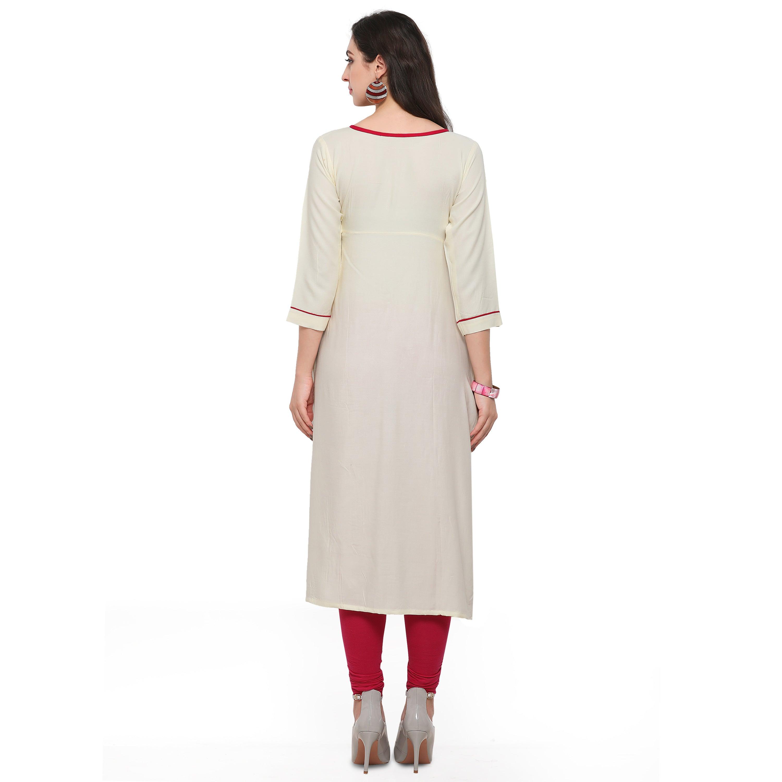 Off White Colored Casual Rayon Kurti - Peachmode