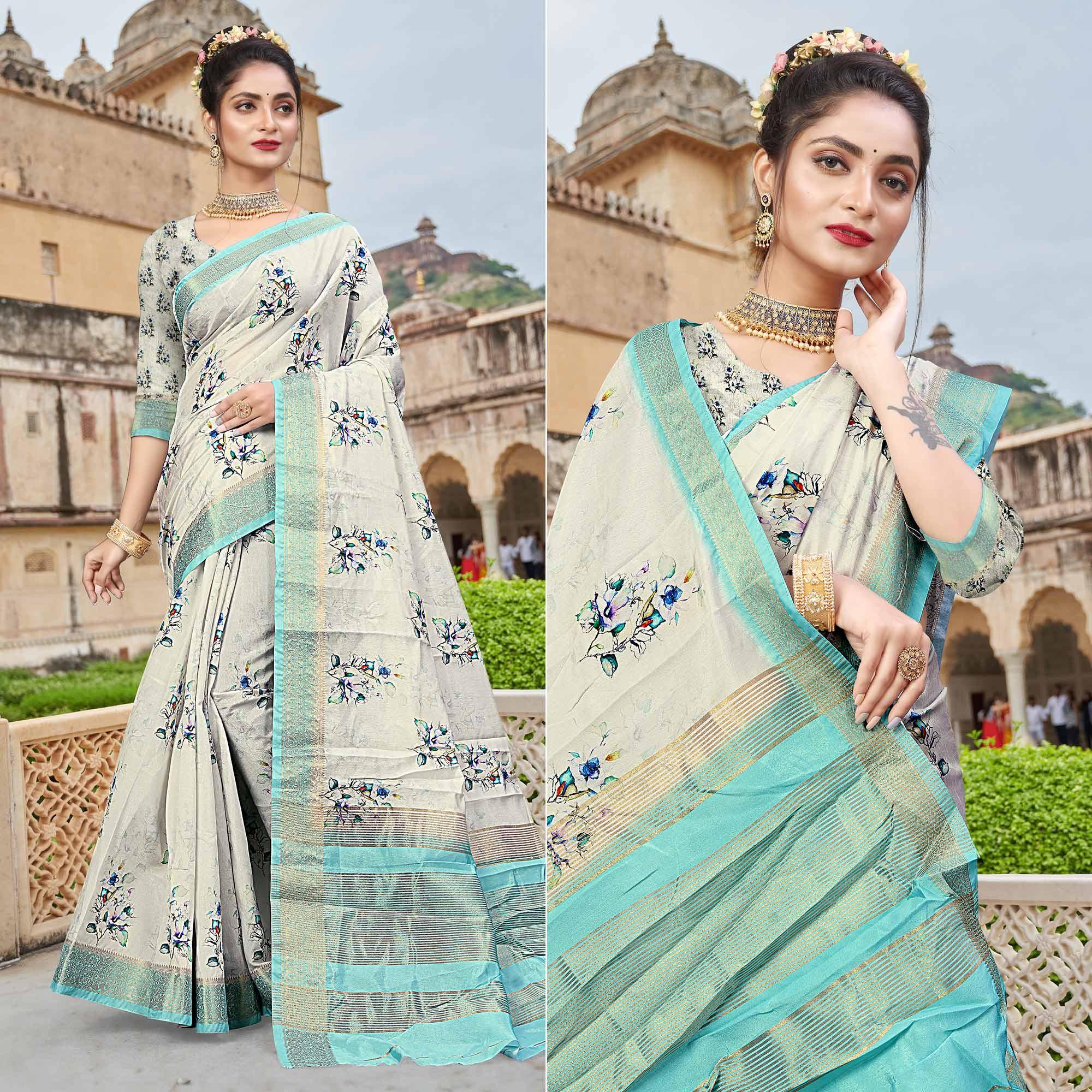 Off-White Digital Printed Dola Silk Saree - Peachmode