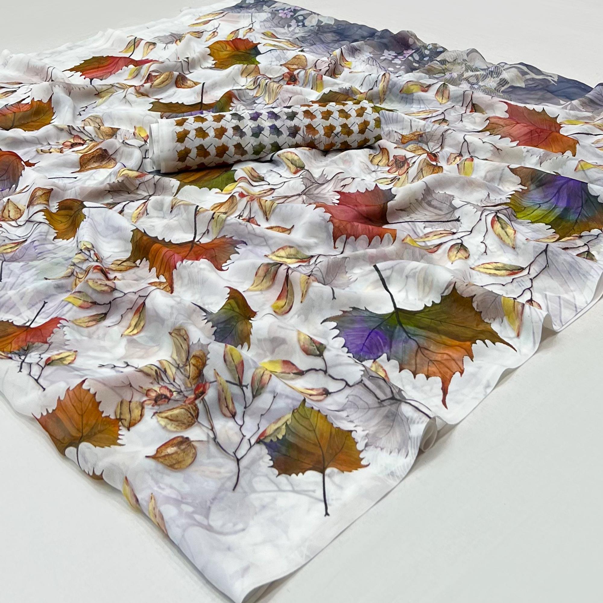 Off White Digital Printed Georgette Saree - Peachmode