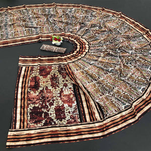 Off-White Digital Printed Vichitra Silk Saree - Peachmode