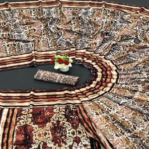 Off-White Digital Printed Vichitra Silk Saree - Peachmode