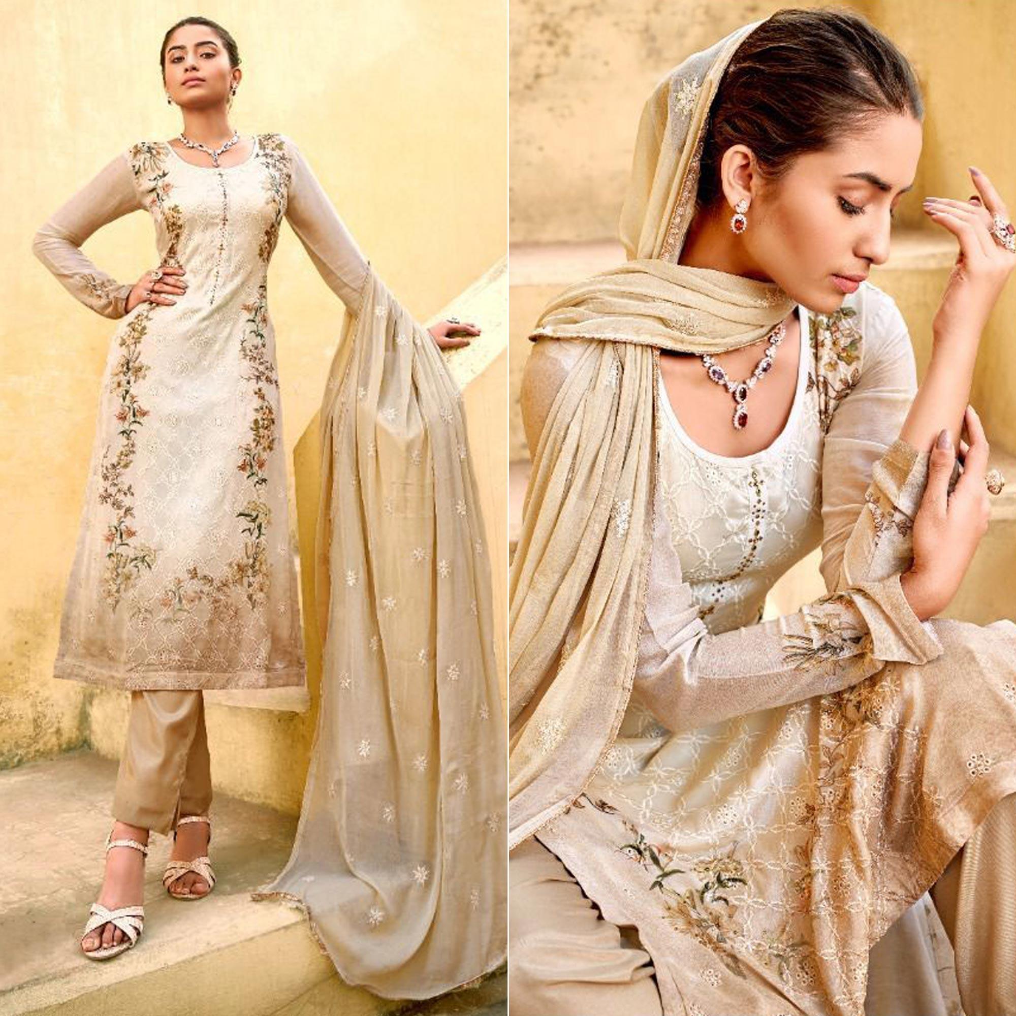 Off White Embellished & Embroidered Chiffon Partywear Suit - Peachmode