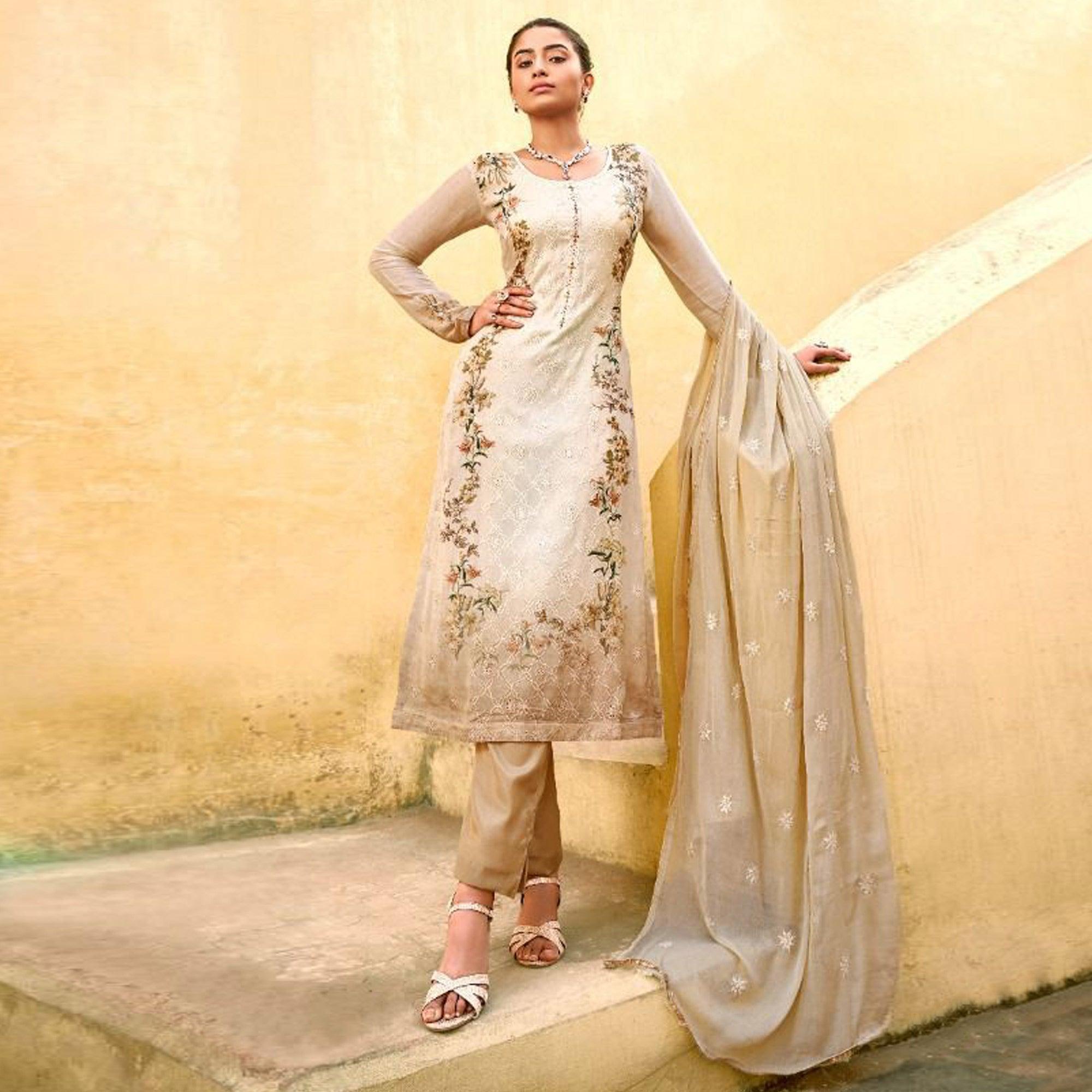 Off White Embellished & Embroidered Chiffon Partywear Suit - Peachmode