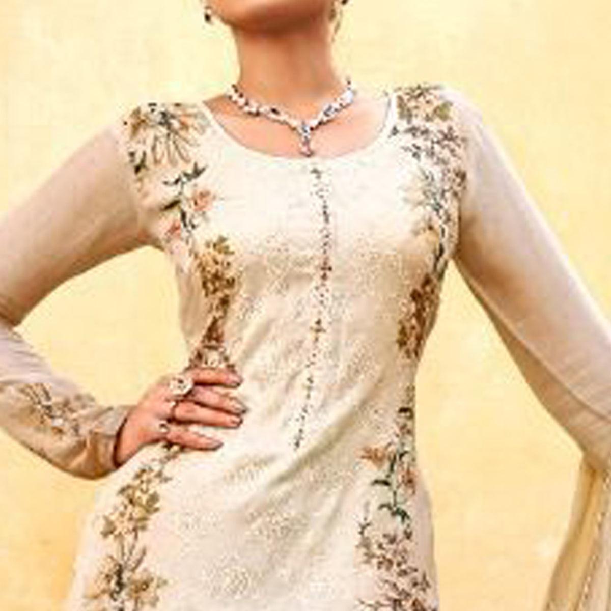 Off White Embellished & Embroidered Chiffon Partywear Suit - Peachmode