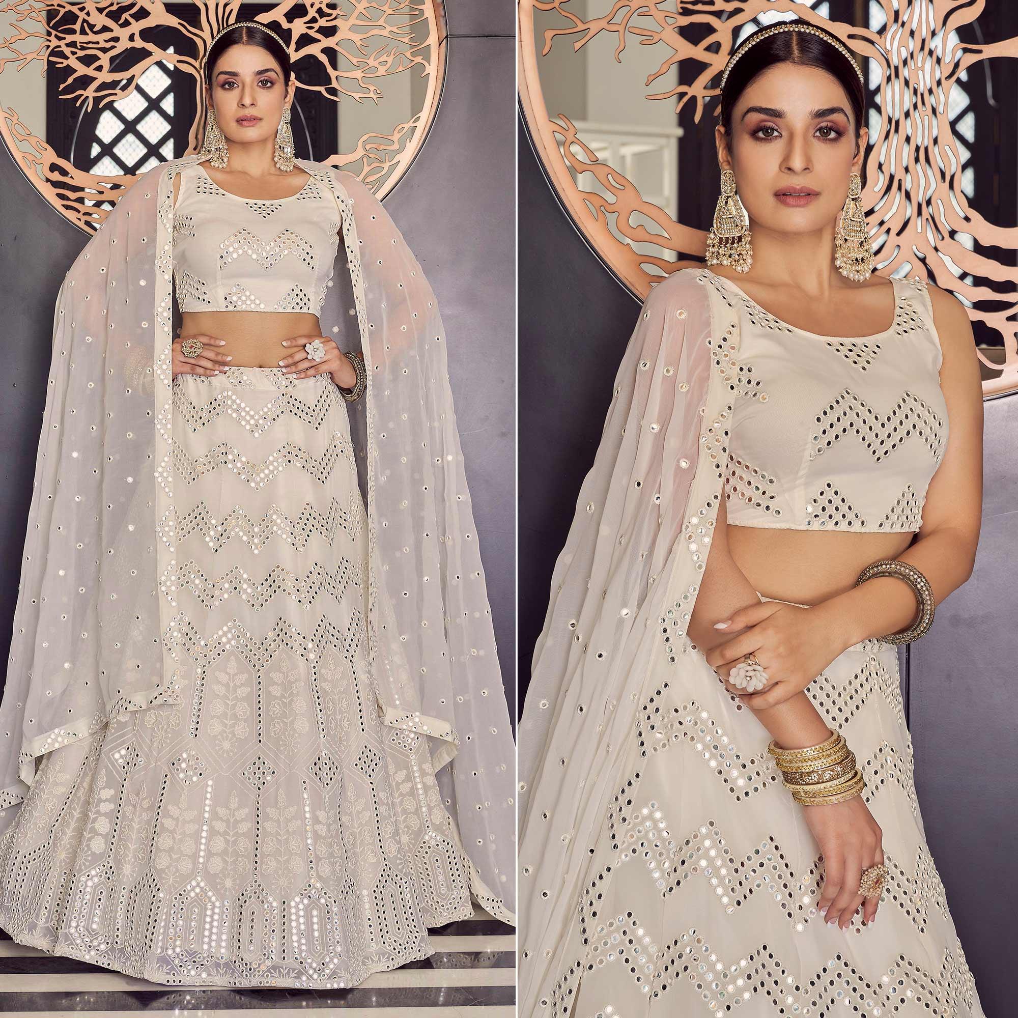 Off-White Embellished With Embroidered Georgette Lehenga Choli - Peachmode