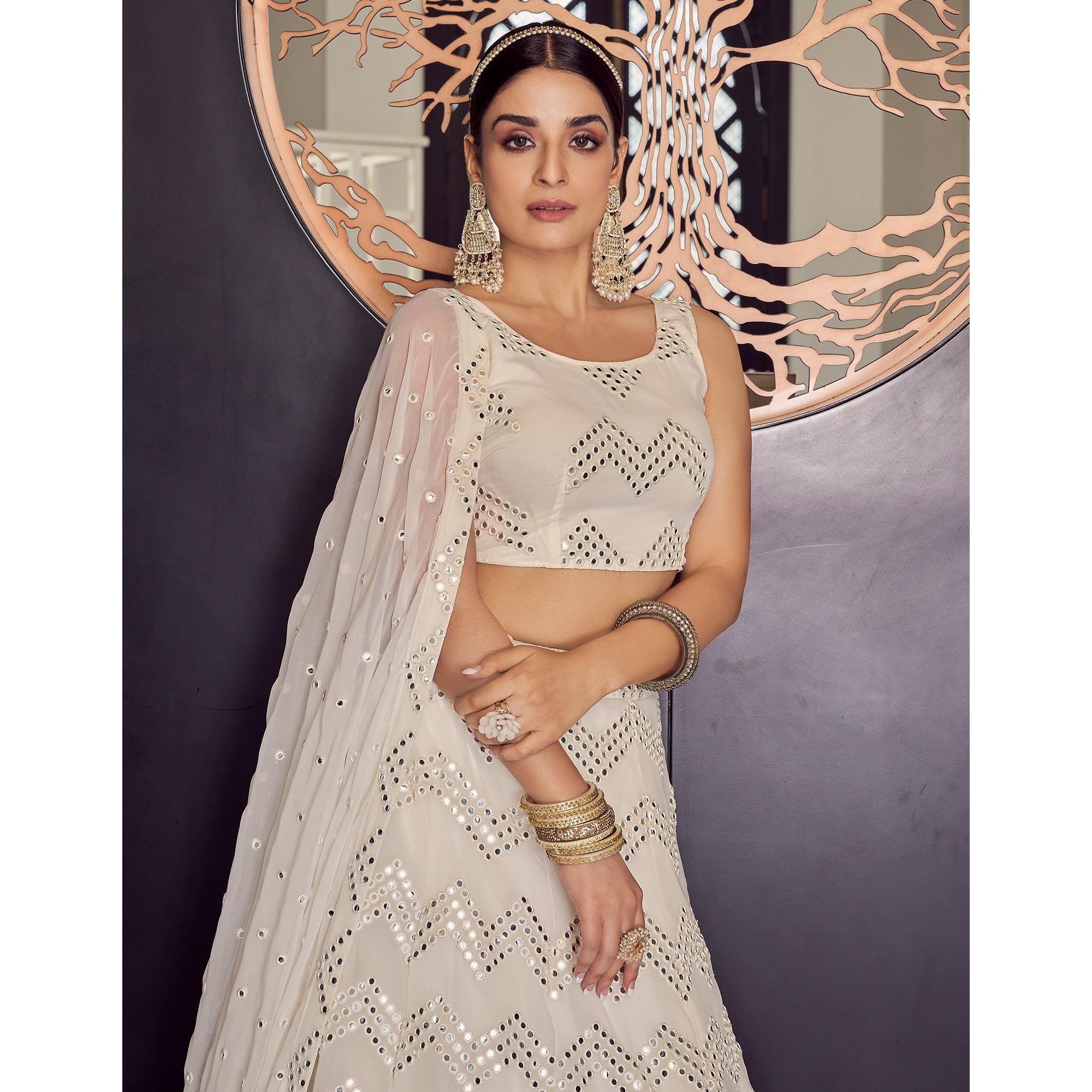 Off-White Embellished With Embroidered Georgette Lehenga Choli - Peachmode