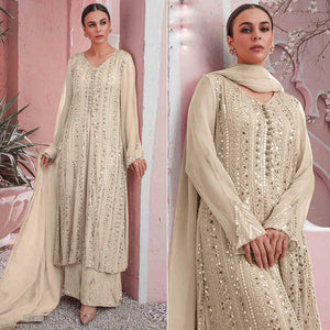 Off-White Embellished With Embroidered Georgette Palazzo Suit - Peachmode