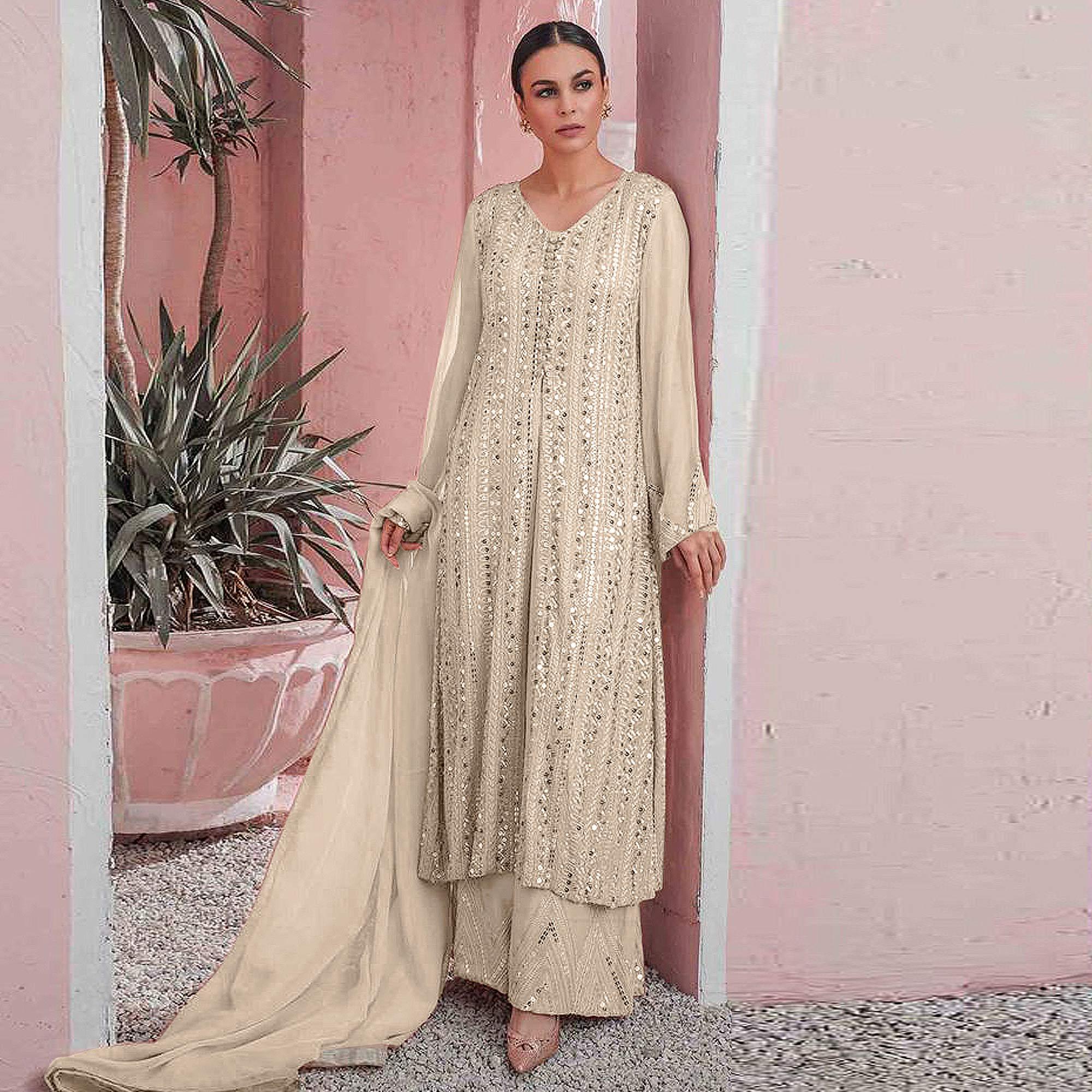 Off-White Embellished With Embroidered Georgette Palazzo Suit - Peachmode