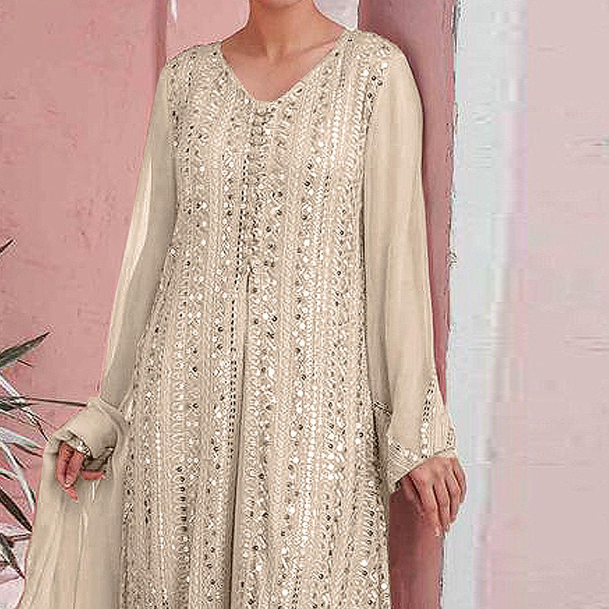 Off-White Embellished With Embroidered Georgette Palazzo Suit - Peachmode